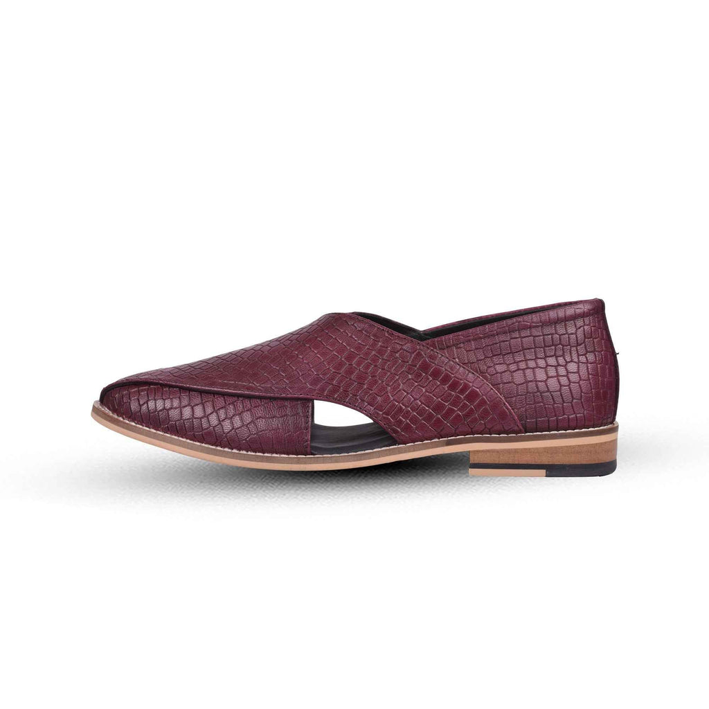 Peshawari : Alligator Wine embossed leather handmade Peshawari with Memory foam footpad. Article : P01_Alligator_Wine