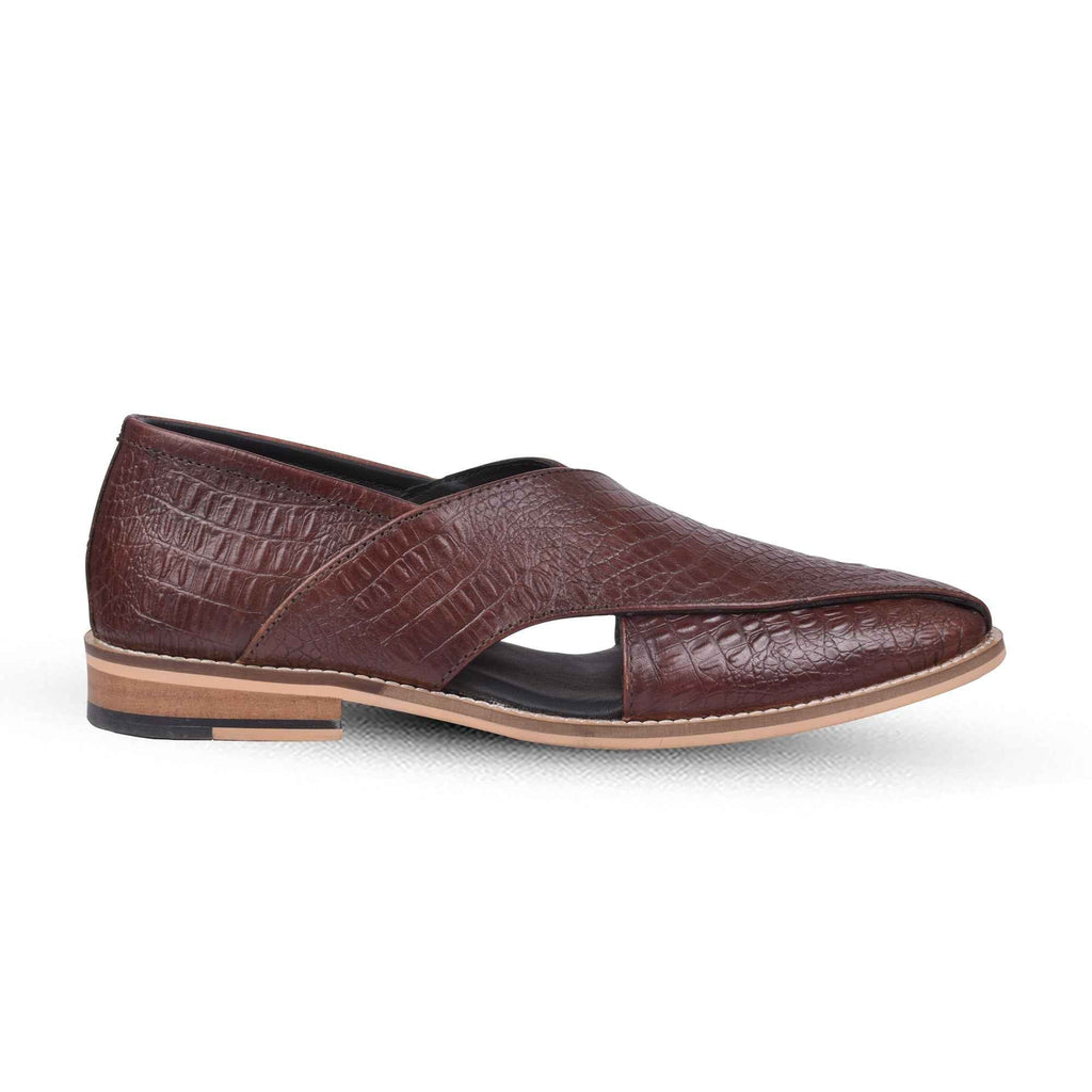 Peshawari : Croco Brown embossed leather handmade Peshawari with Memory foam footpad. Article : P01_Croco_Brown