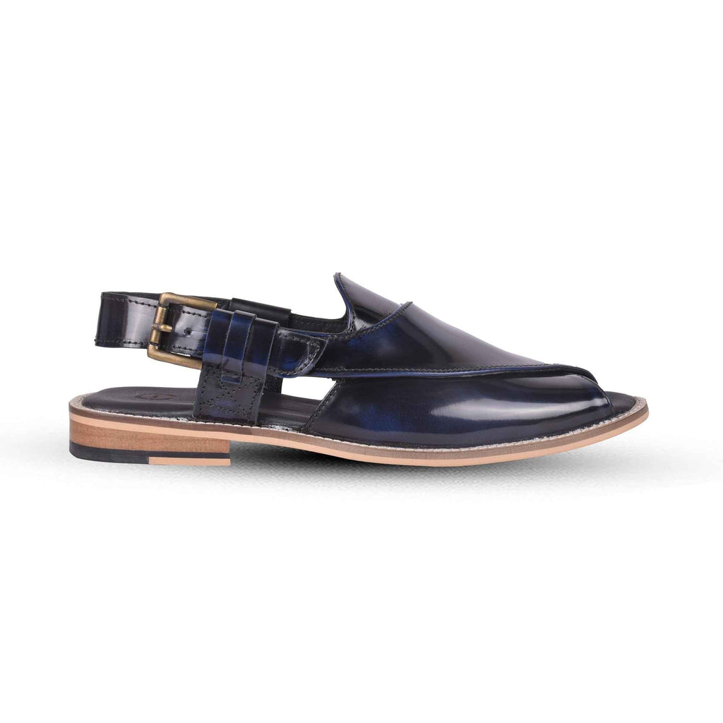 Peshawari : Blue brush off leather handmade Peshawari with Memory foam footpad. Article : P02_BlueBrushoff