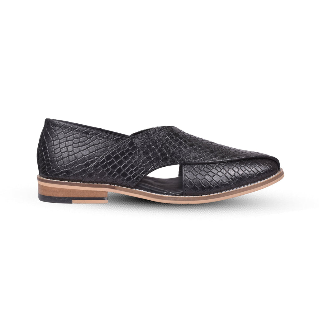 Peshawari : Black Alligator embossed leather handmade Peshawari with Memory foam footpad. Article : P01_Alligator_Black