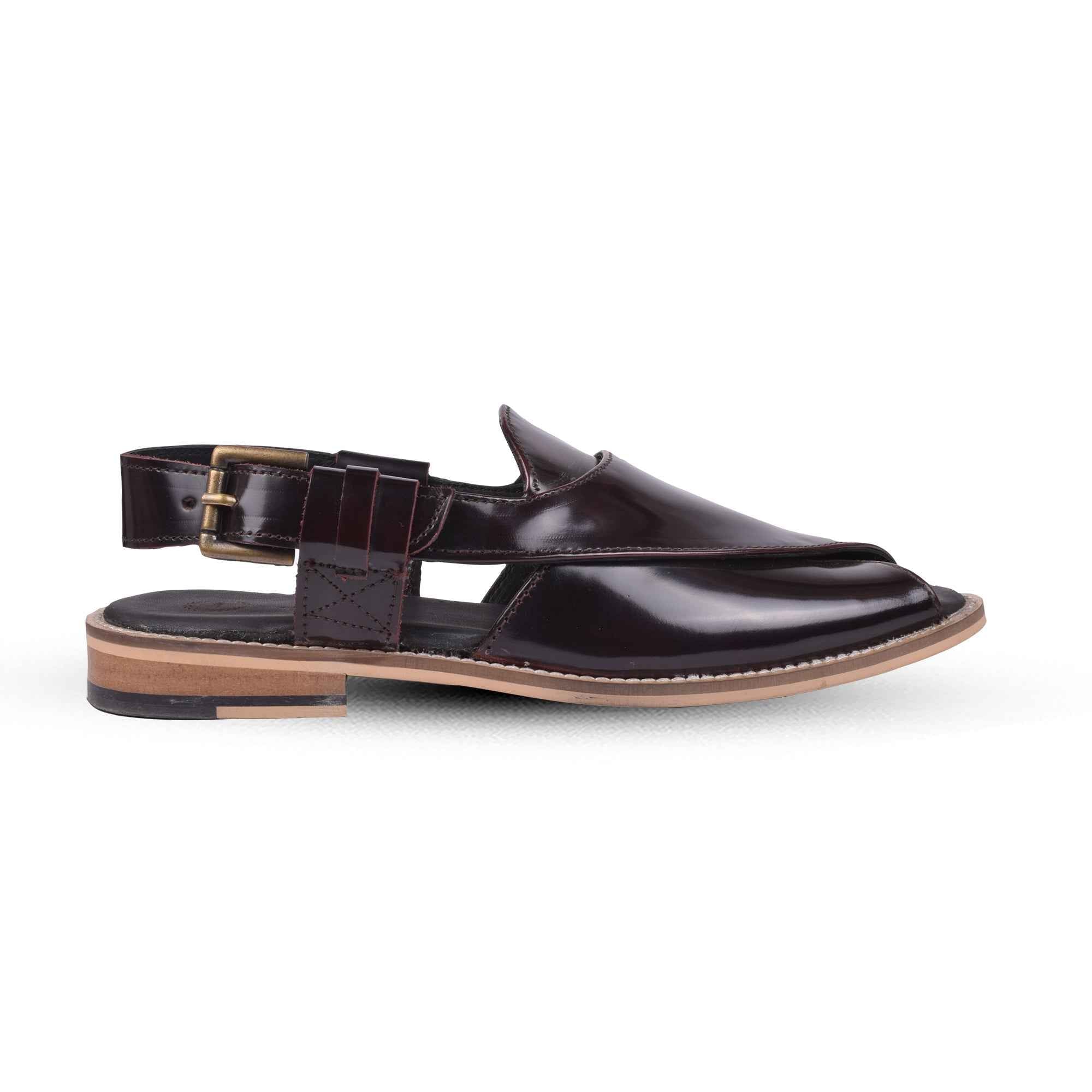 Peshawari : Wine brush off leather handmade Peshawari with Memory foam footpad. Article : P02_wineBrushoff