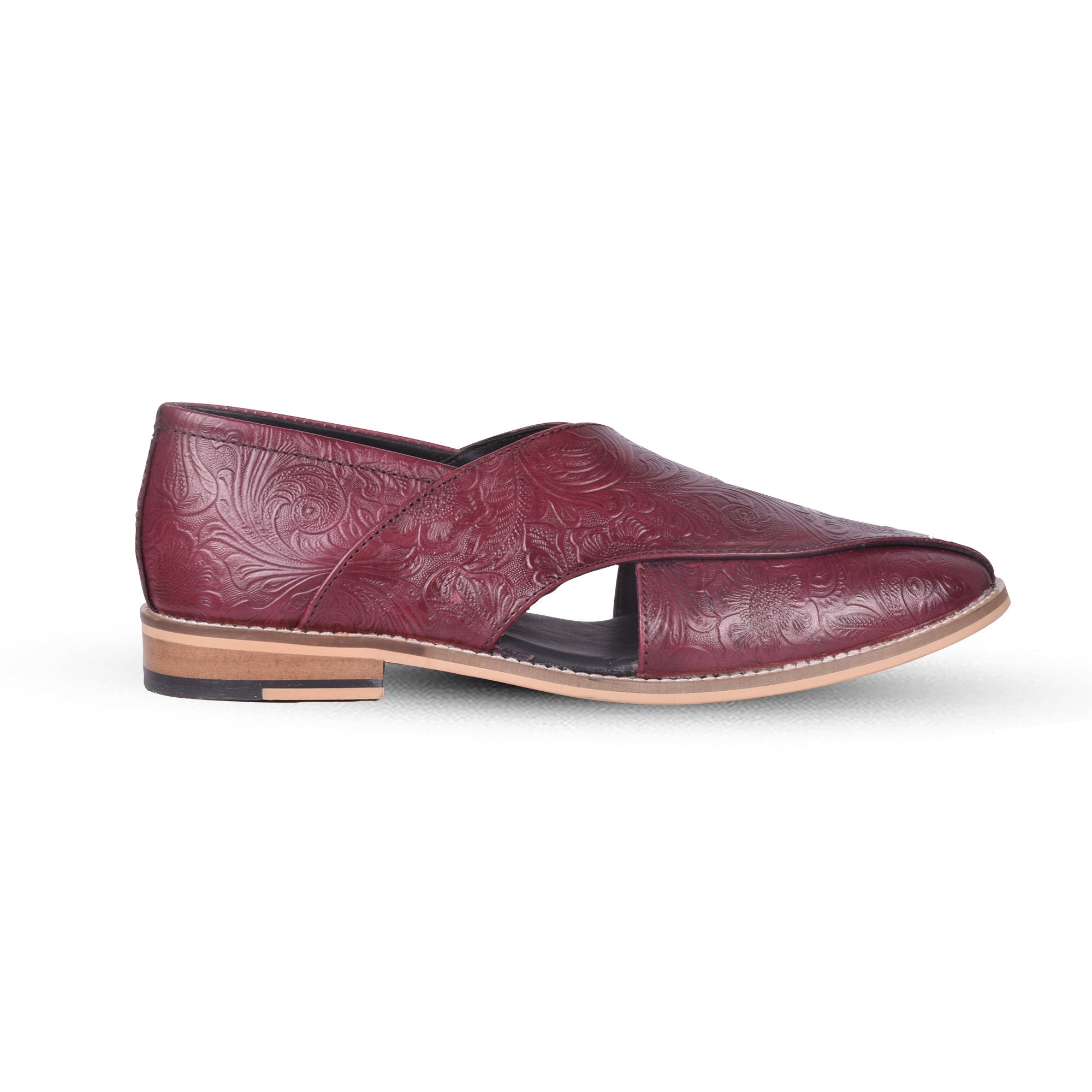 Peshawari : Wine flora embossed leather handmade Peshawari with Memory foam footpad. Article : P01_Flora_Wine