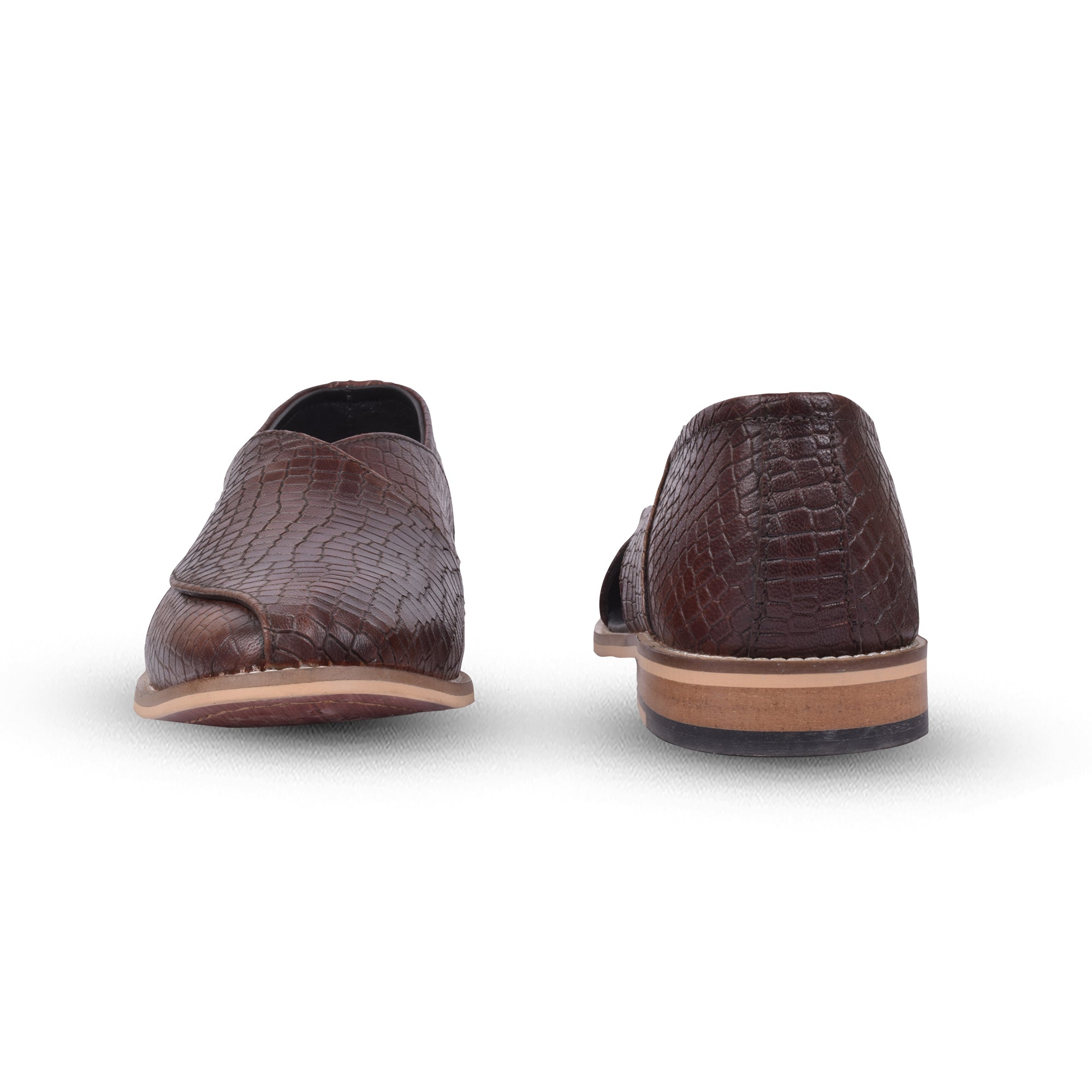Peshawari : Brown Alligator embossed leather handmade Peshawari with Memory foam footpad. Article : P01_Alligator_Brown