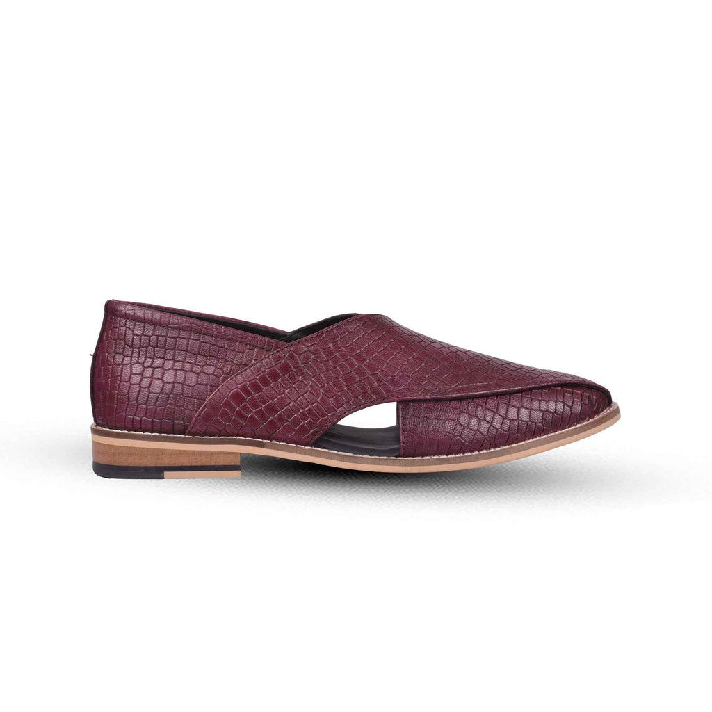 Peshawari : Alligator Wine embossed leather handmade Peshawari with Memory foam footpad. Article : P01_Alligator_Wine