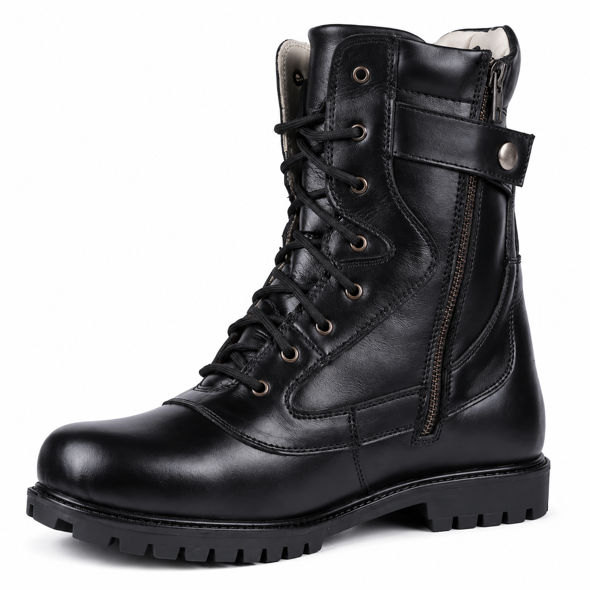 Biker Boots : Black leather Rider boots for bikers with Side chain & Memory foam footpad.