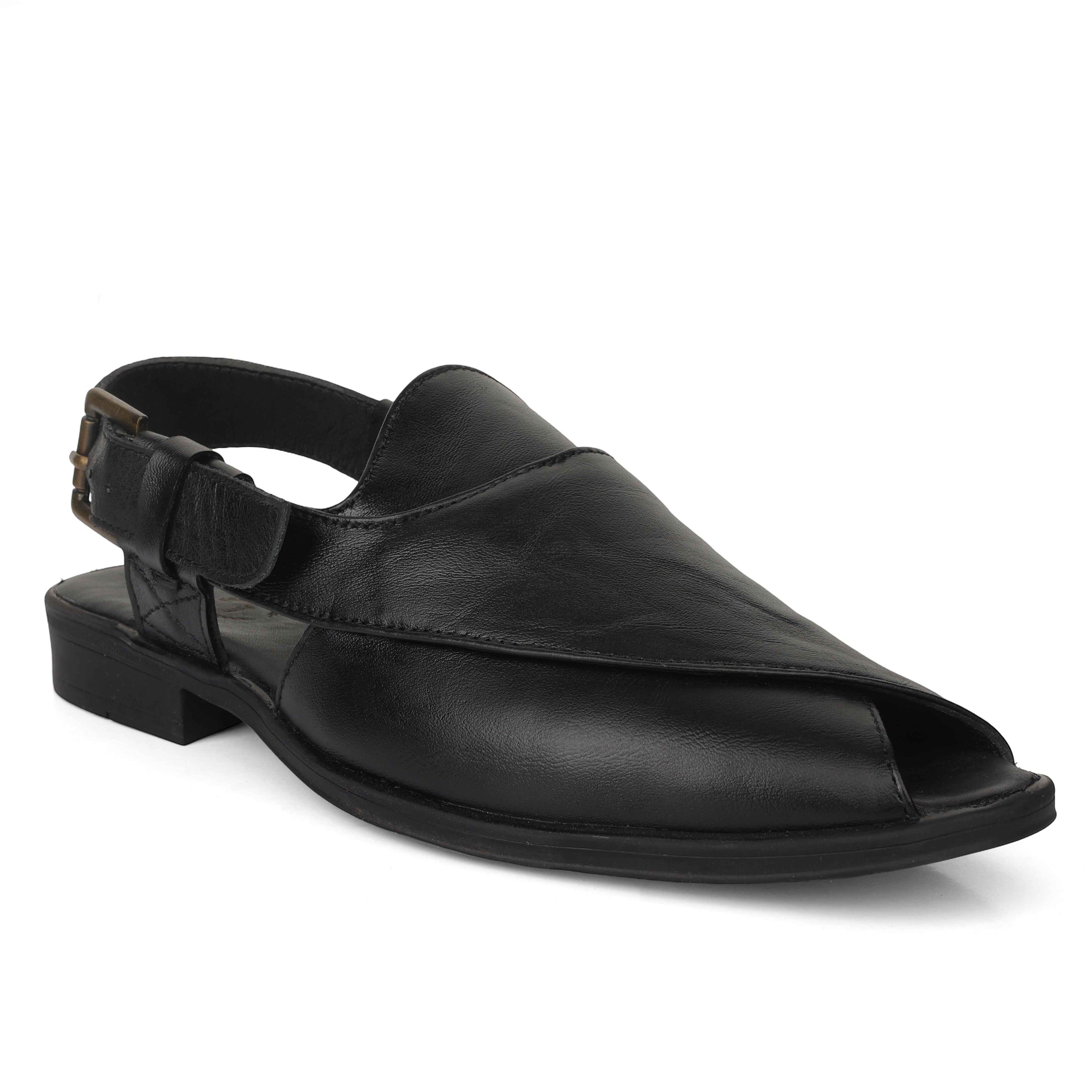 Peshawari : Black leather handmade Peshawari with Memory foam footpad. Article : P02_BlackTP