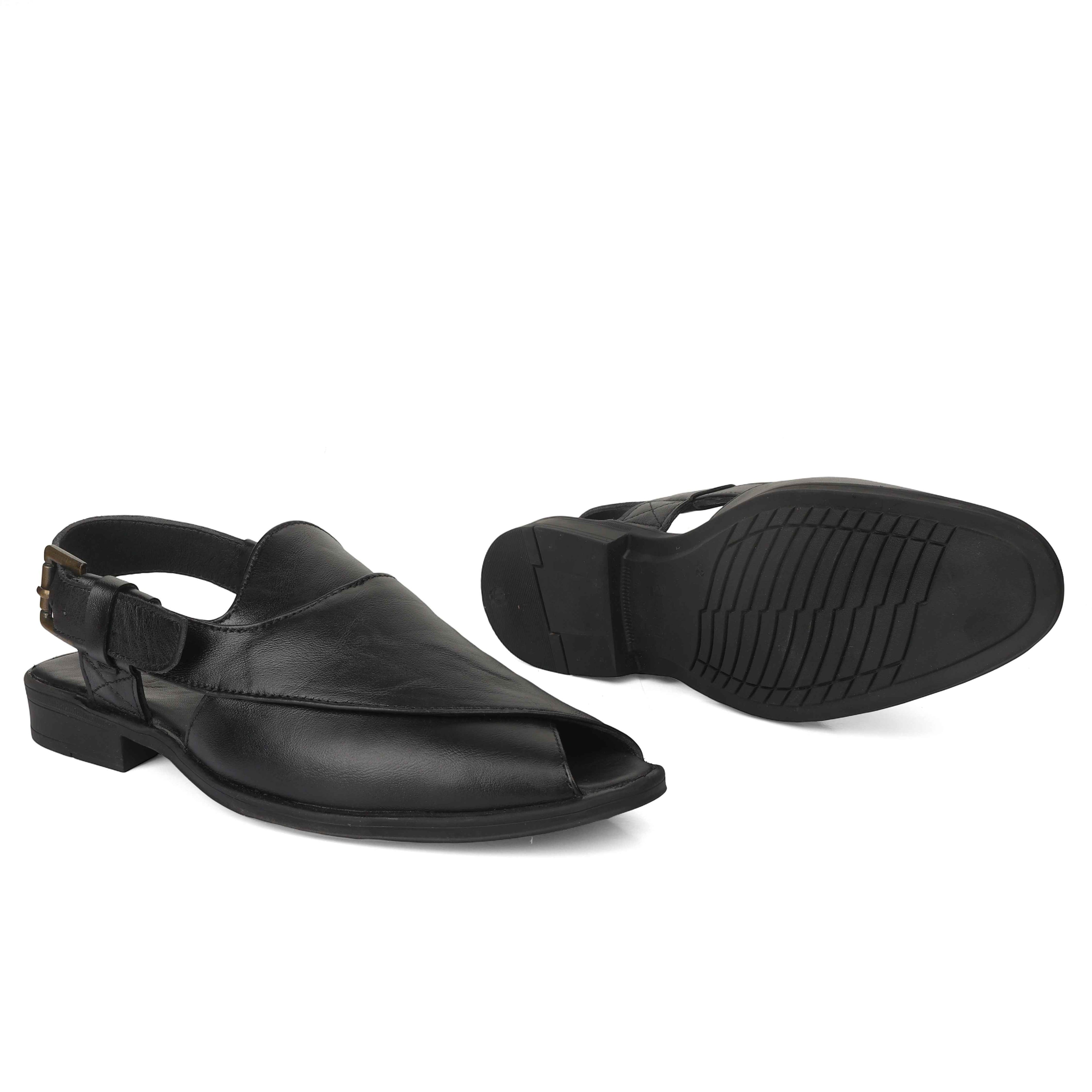 Peshawari : Black leather handmade Peshawari with Memory foam footpad. Article : P02_BlackTP