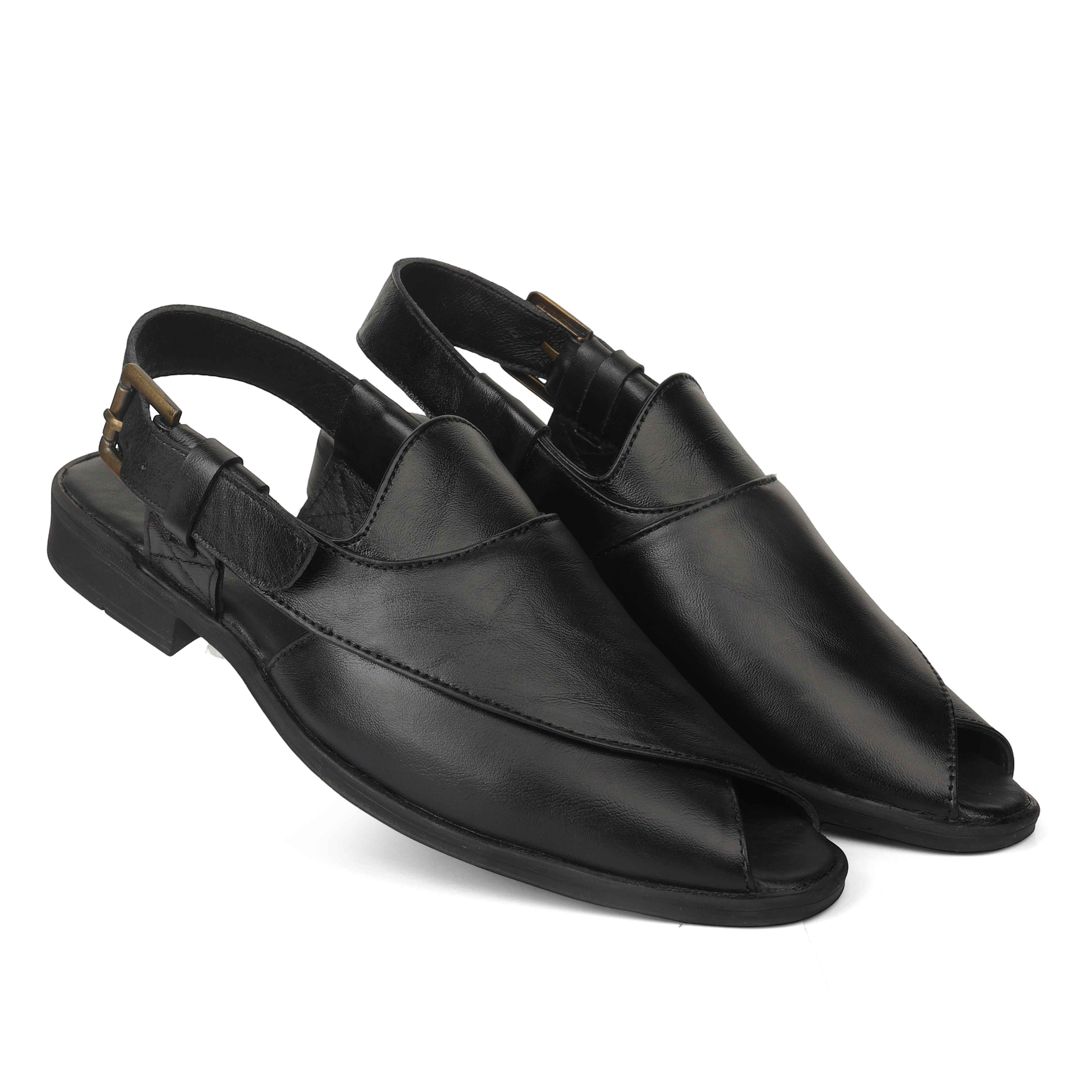 Peshawari : Black leather handmade Peshawari with Memory foam footpad. Article : P02_BlackTP
