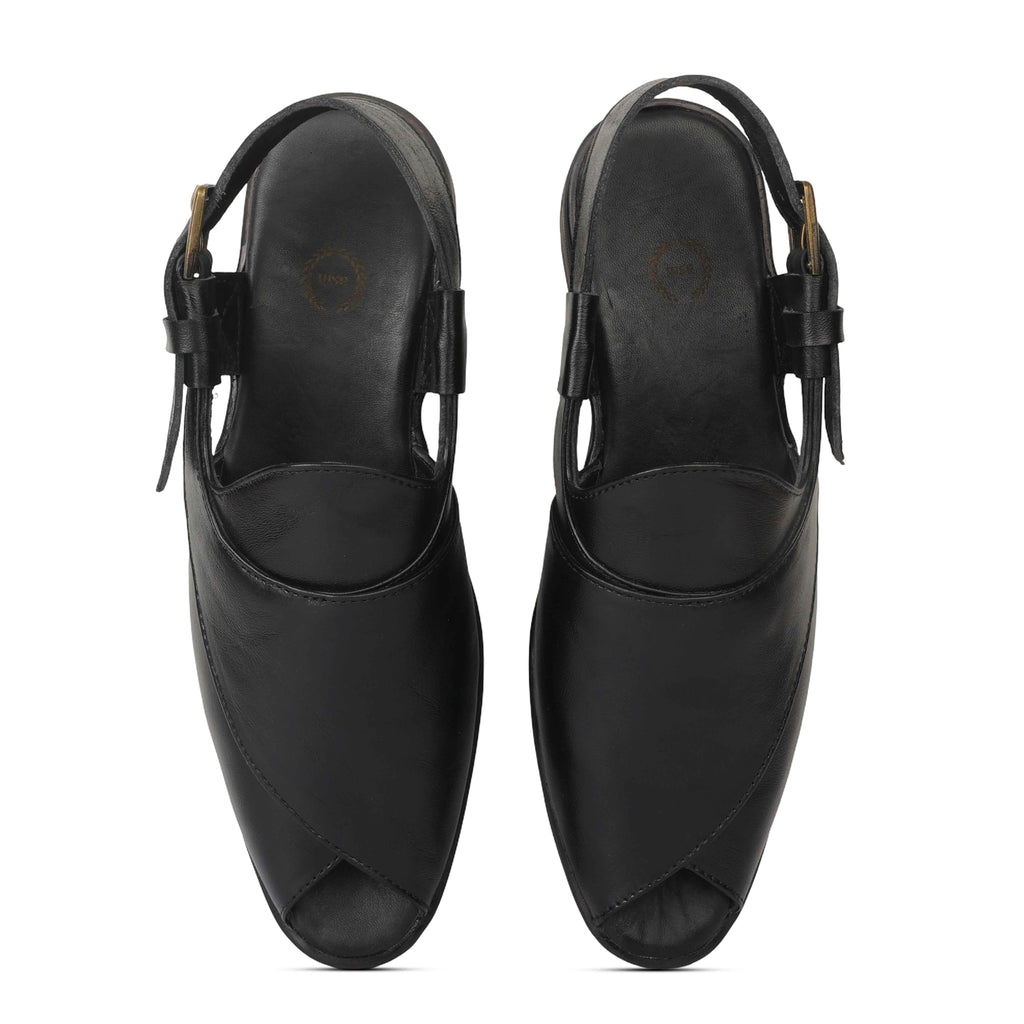 Peshawari : Black leather handmade Peshawari with Memory foam footpad. Article : P02_BlackTP