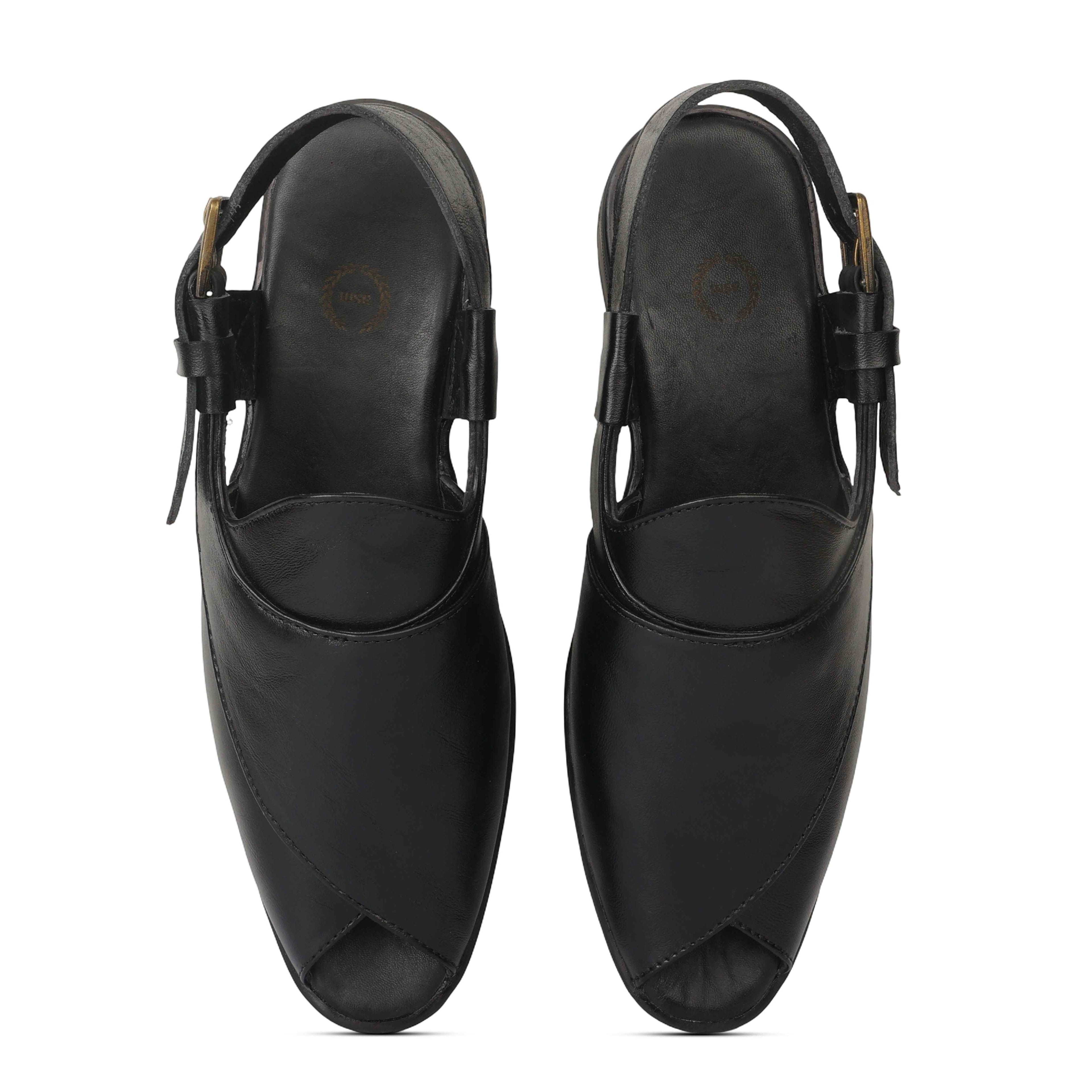 Peshawari : Black leather handmade Peshawari with Memory foam footpad. Article : P02_BlackTP