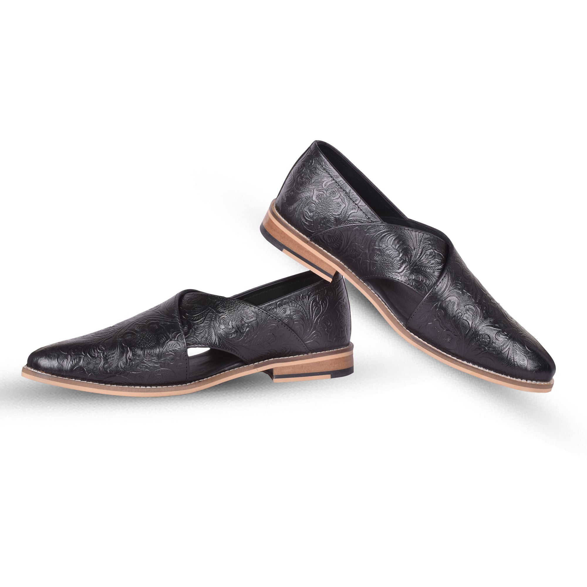 Peshawari : Black flora embossed leather handmade Peshawari with Memory foam footpad. Article : P01_Flora_Black