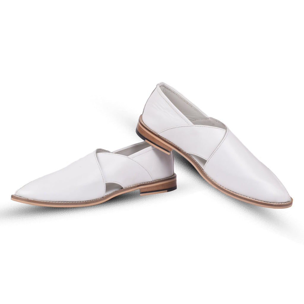 Peshawari : White leather handmade Peshawari with Memory foam footpad. Article : P01_White