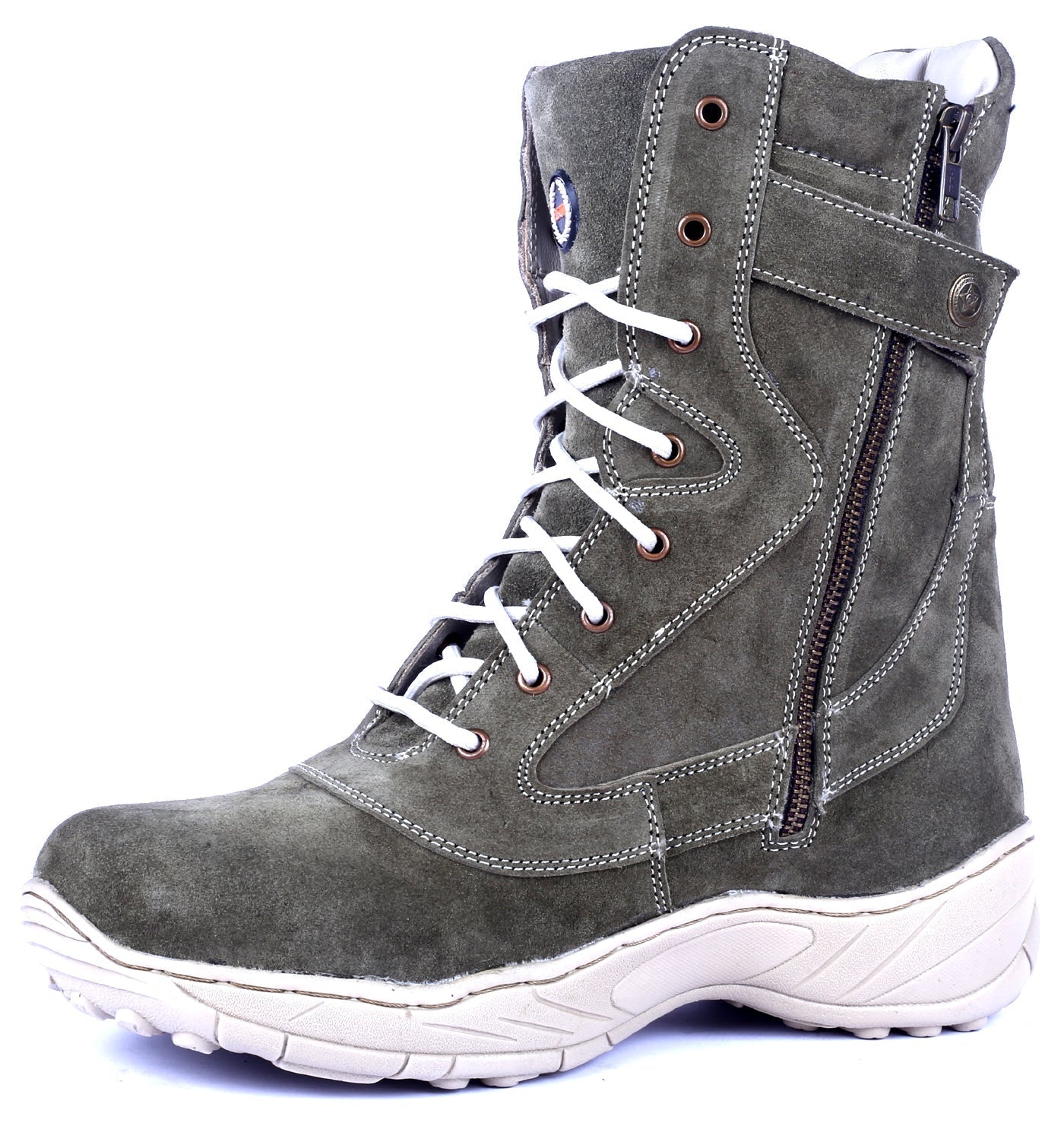 Biker Boots : Green Suede leather Rider boots for bikers with Side chain & Memory foam footpad.
