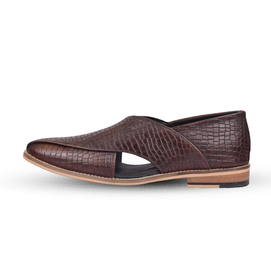 Peshawari : Brown Alligator embossed leather handmade Peshawari with Memory foam footpad. Article : P01_Alligator_Brown