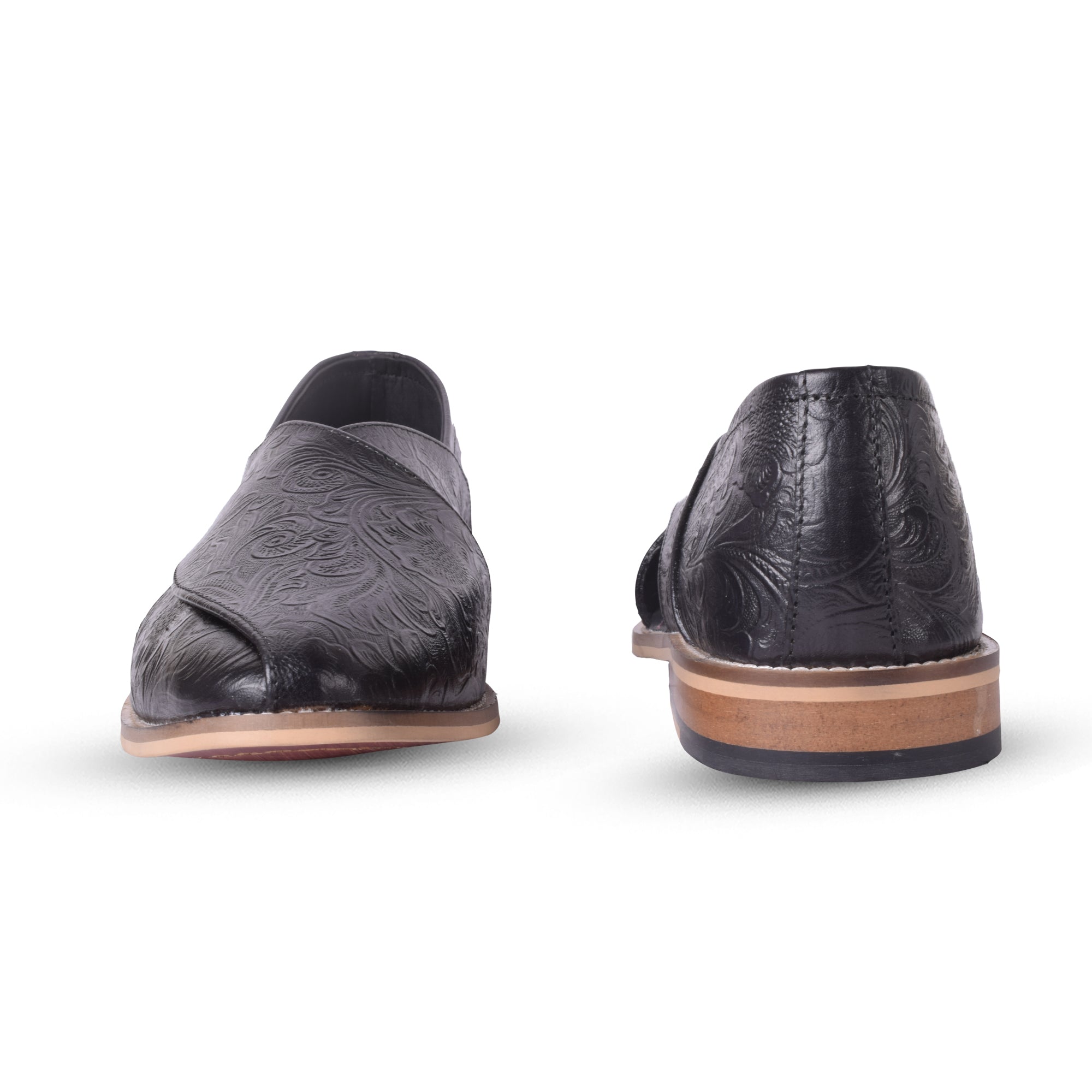 Peshawari : Black flora embossed leather handmade Peshawari with Memory foam footpad. Article : P01_Flora_Black