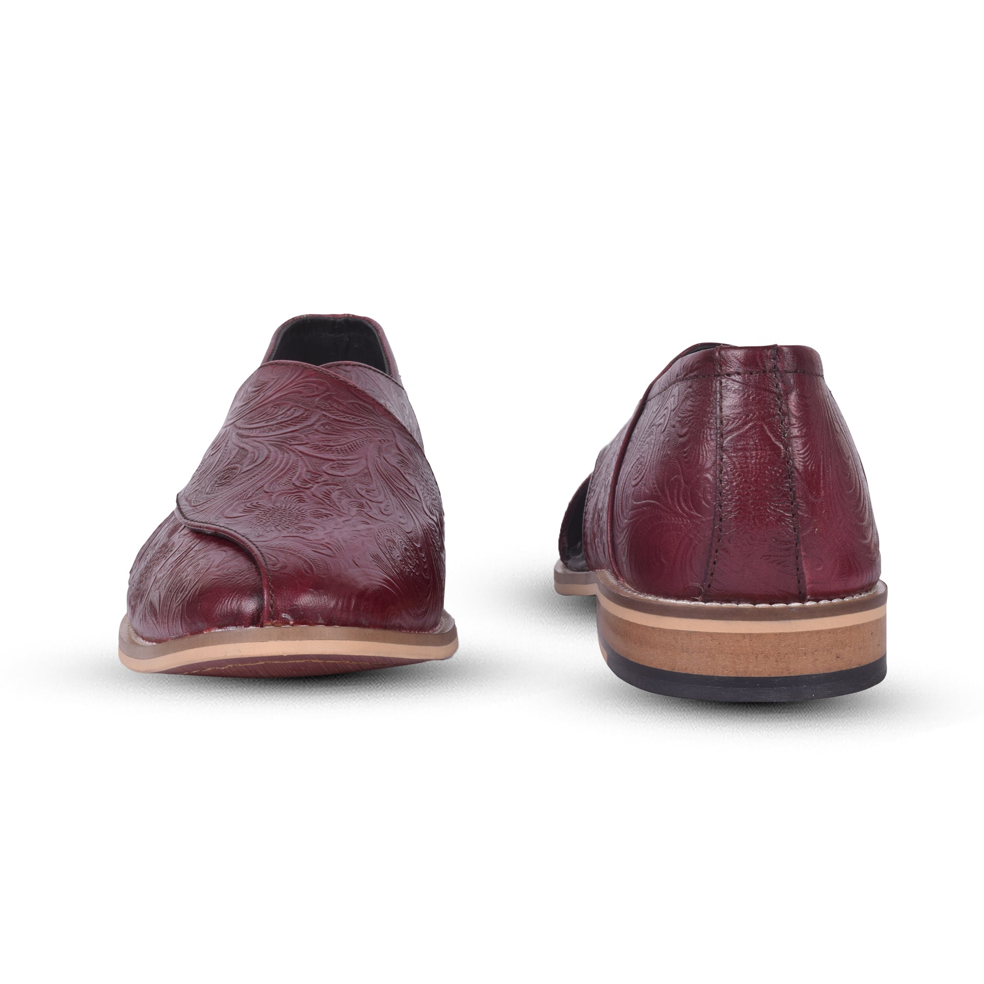 Peshawari : Wine flora embossed leather handmade Peshawari with Memory foam footpad. Article : P01_Flora_Wine