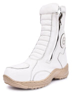 Biker Boots : Waterproof White leather Rider boots for bikers with Memory foam footpad.