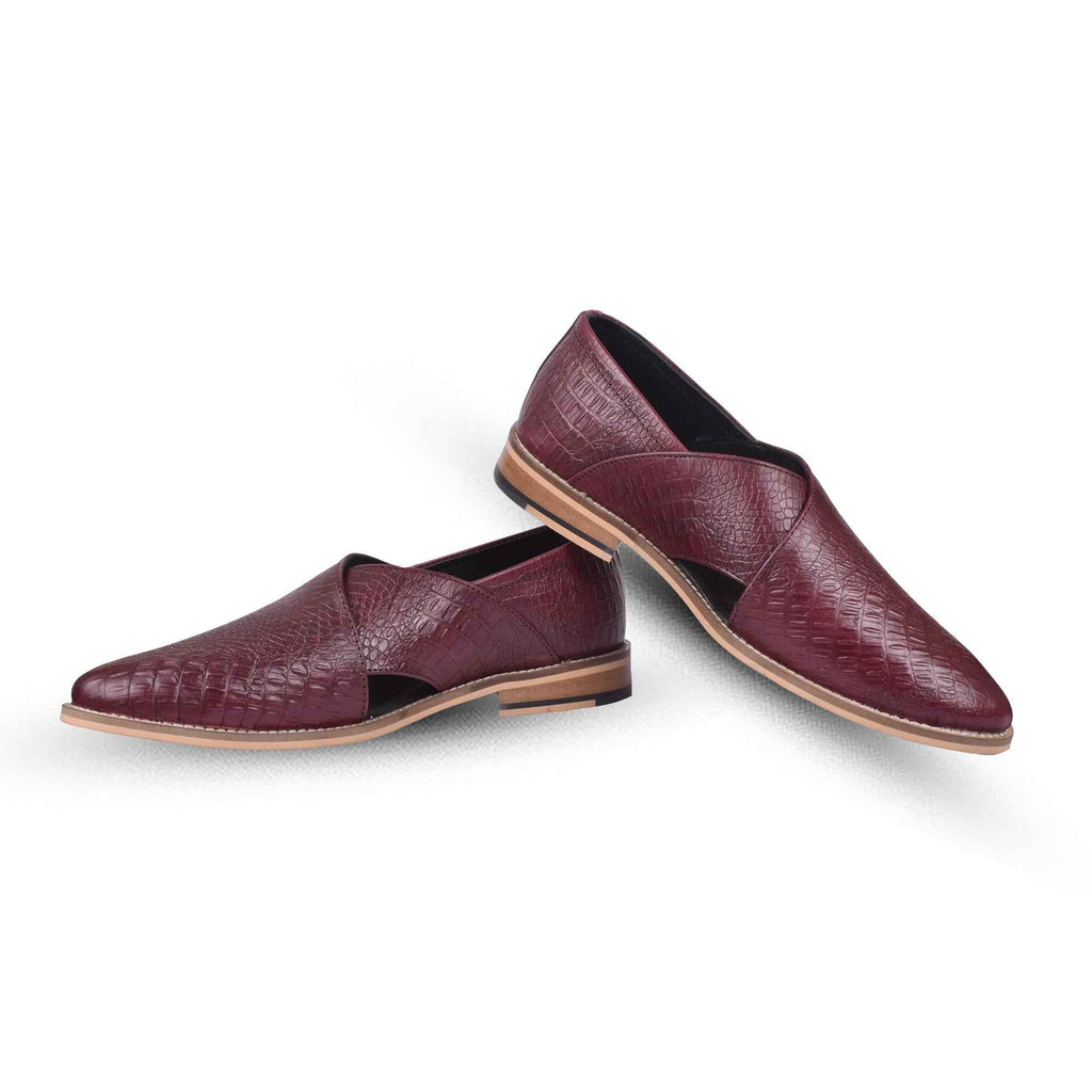 Peshawari : Croco Wine embossed leather handmade Peshawari with Memory foam footpad. Article : P01_Croco_Wine