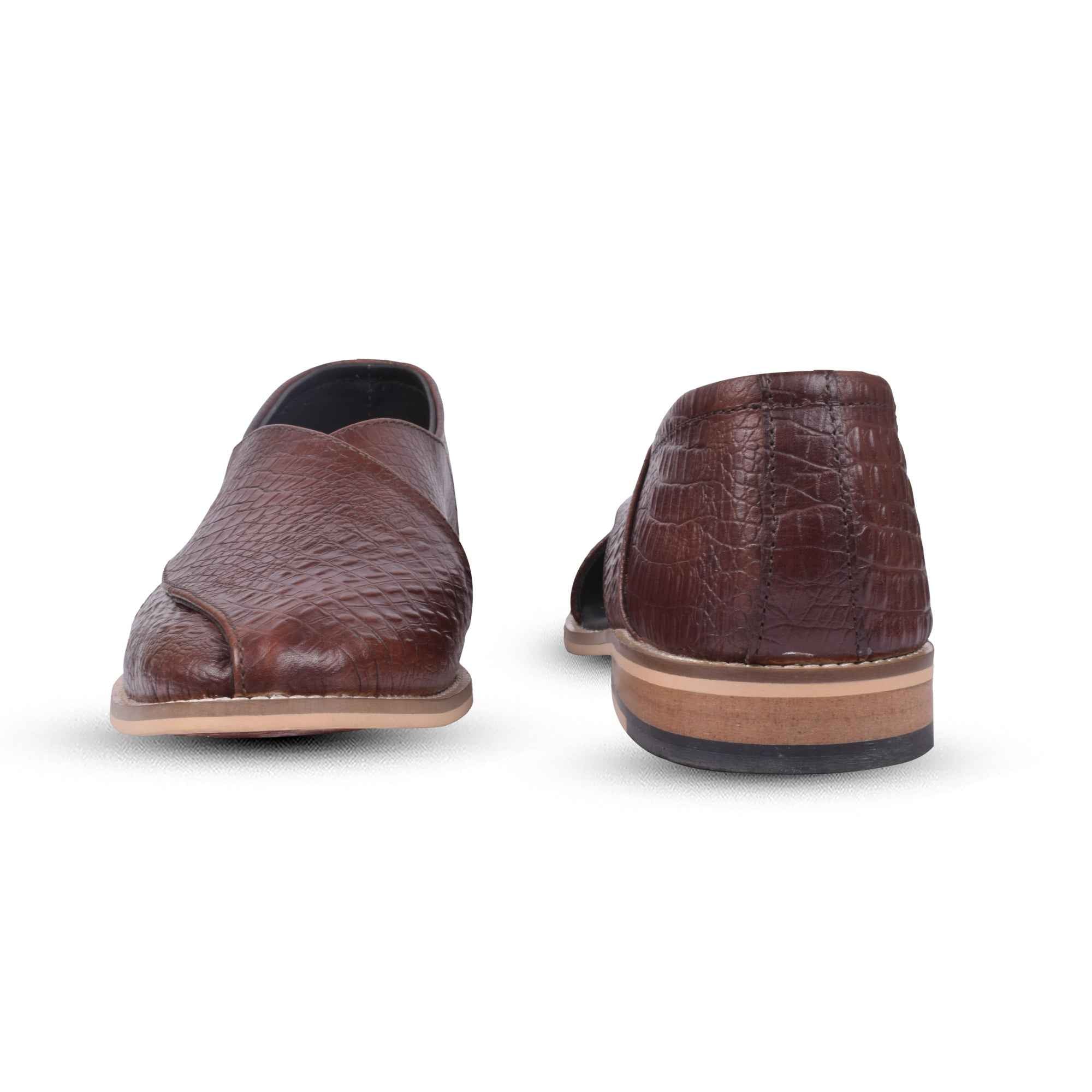 Peshawari : Croco Brown embossed leather handmade Peshawari with Memory foam footpad. Article : P01_Croco_Brown