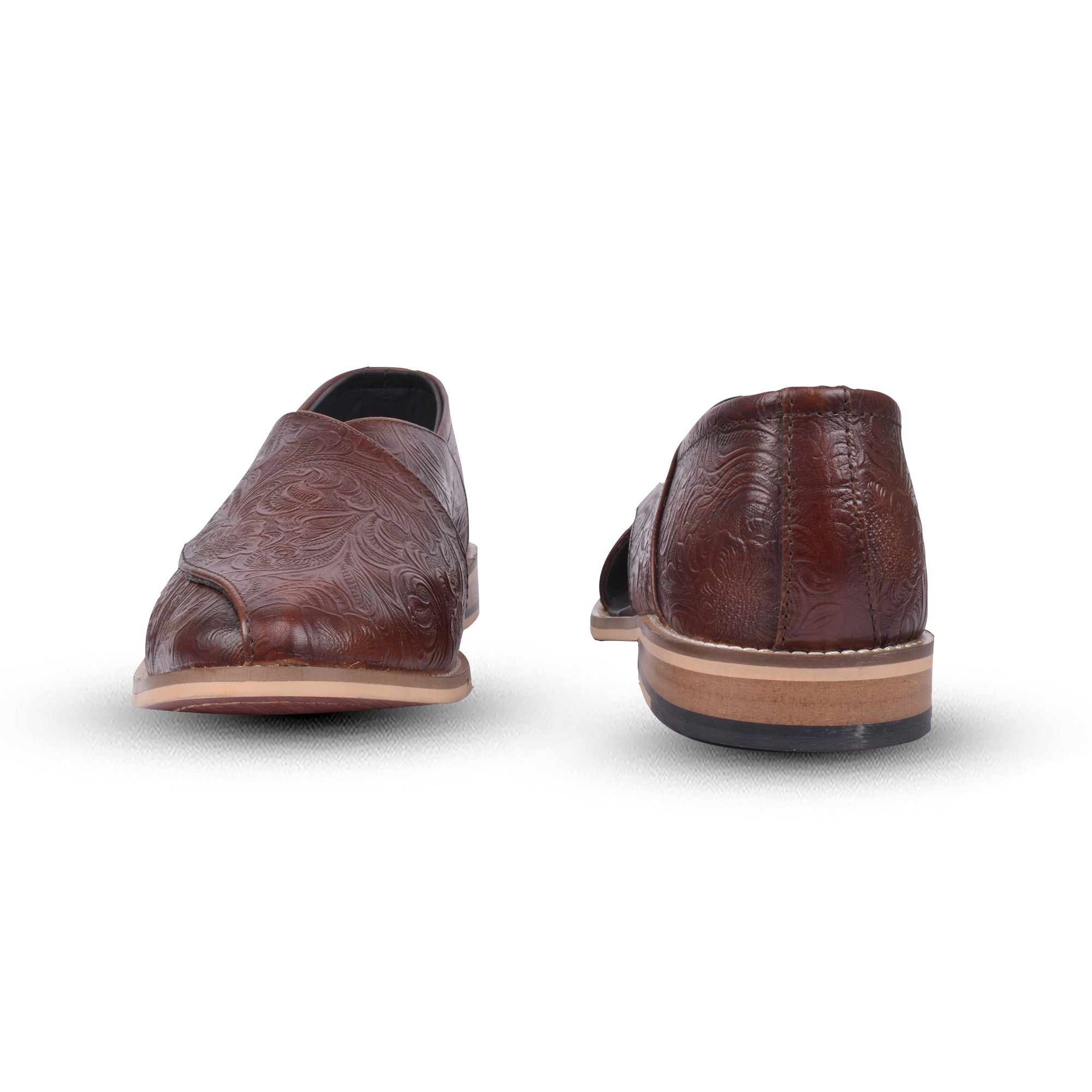 Peshawari : Brown flora embossed leather handmade Peshawari with Memory foam footpad. Article : P01_Flora_Brown