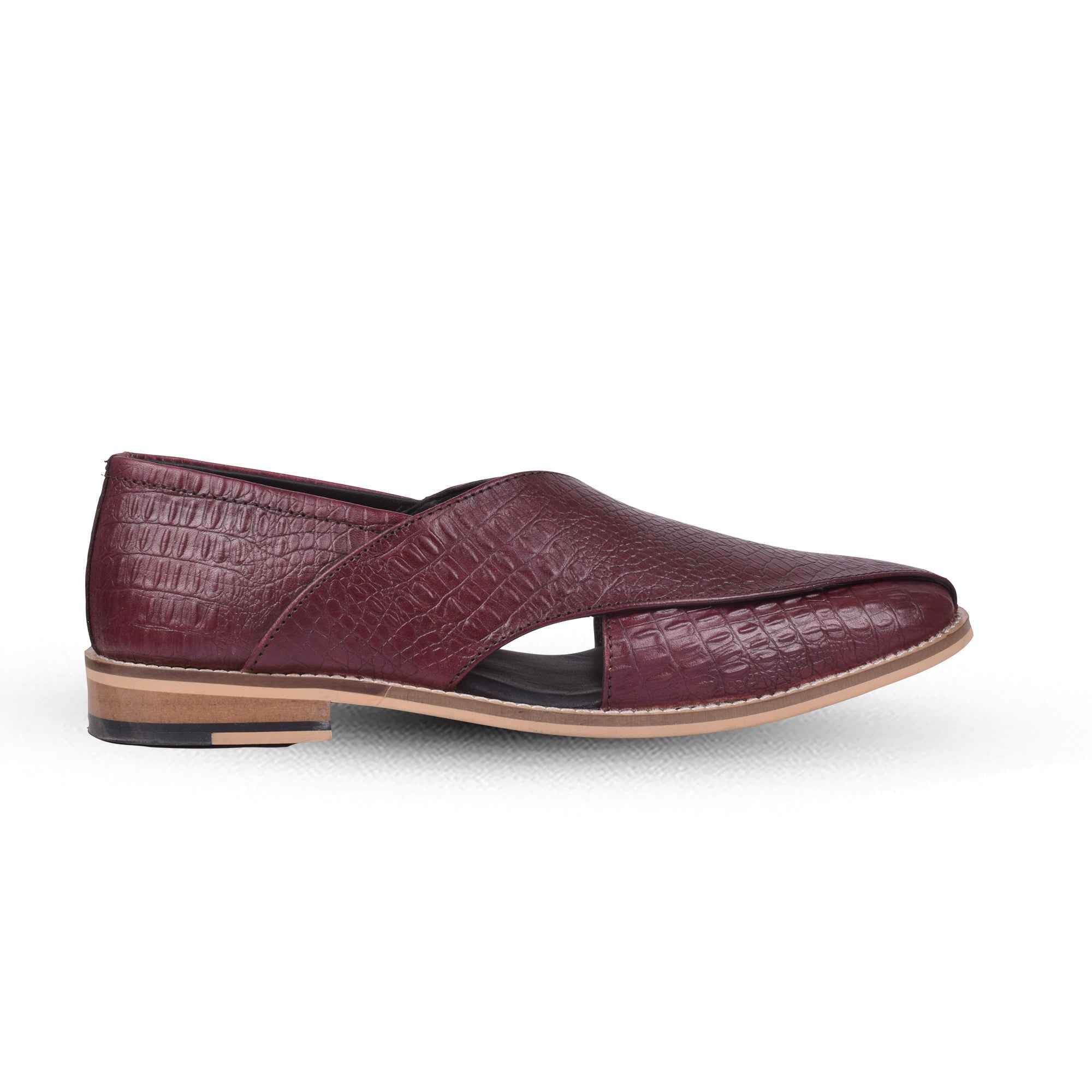 Peshawari : Croco Wine embossed leather handmade Peshawari with Memory foam footpad. Article : P01_Croco_Wine