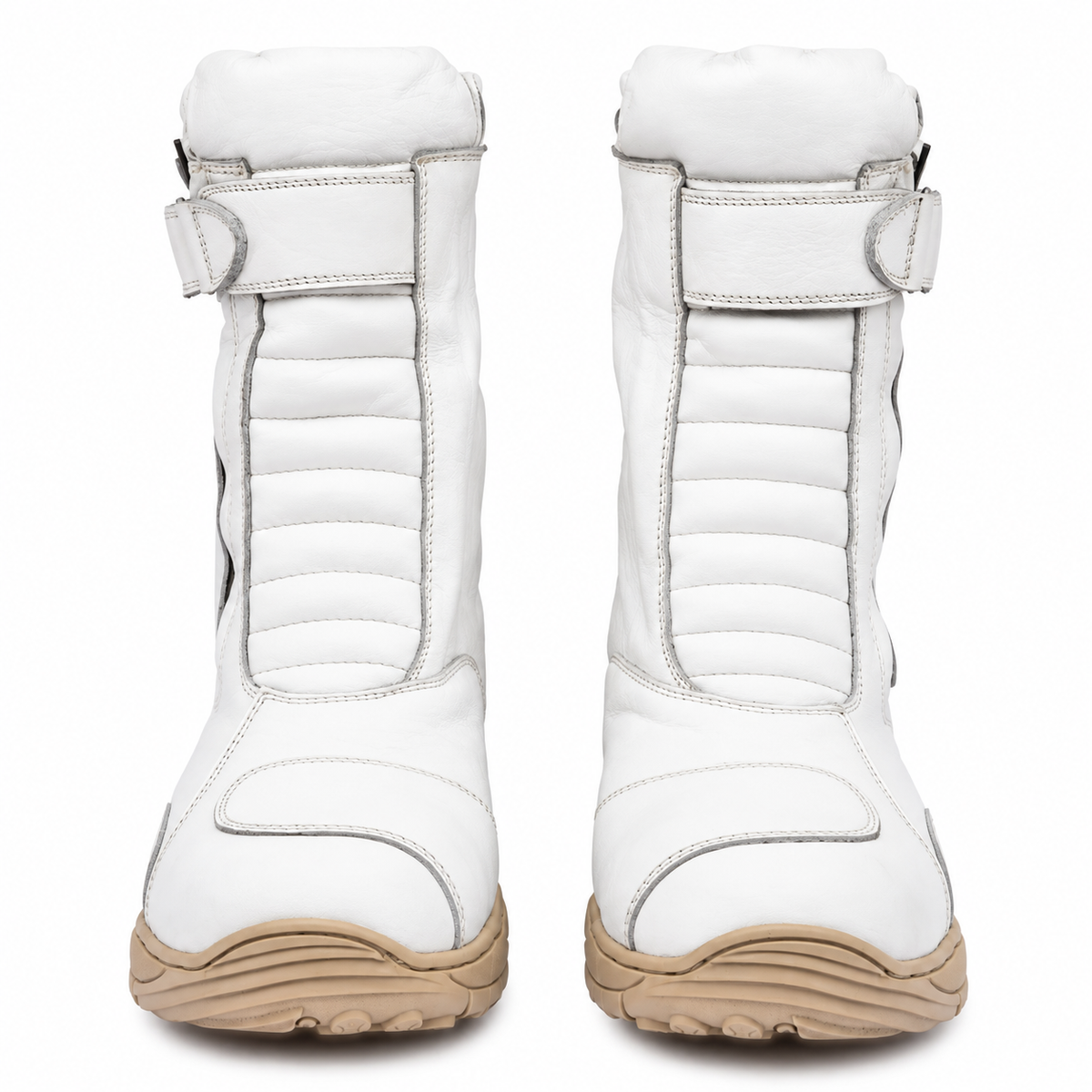 Biker Boots : Waterproof White leather Rider boots for bikers with Memory foam footpad.