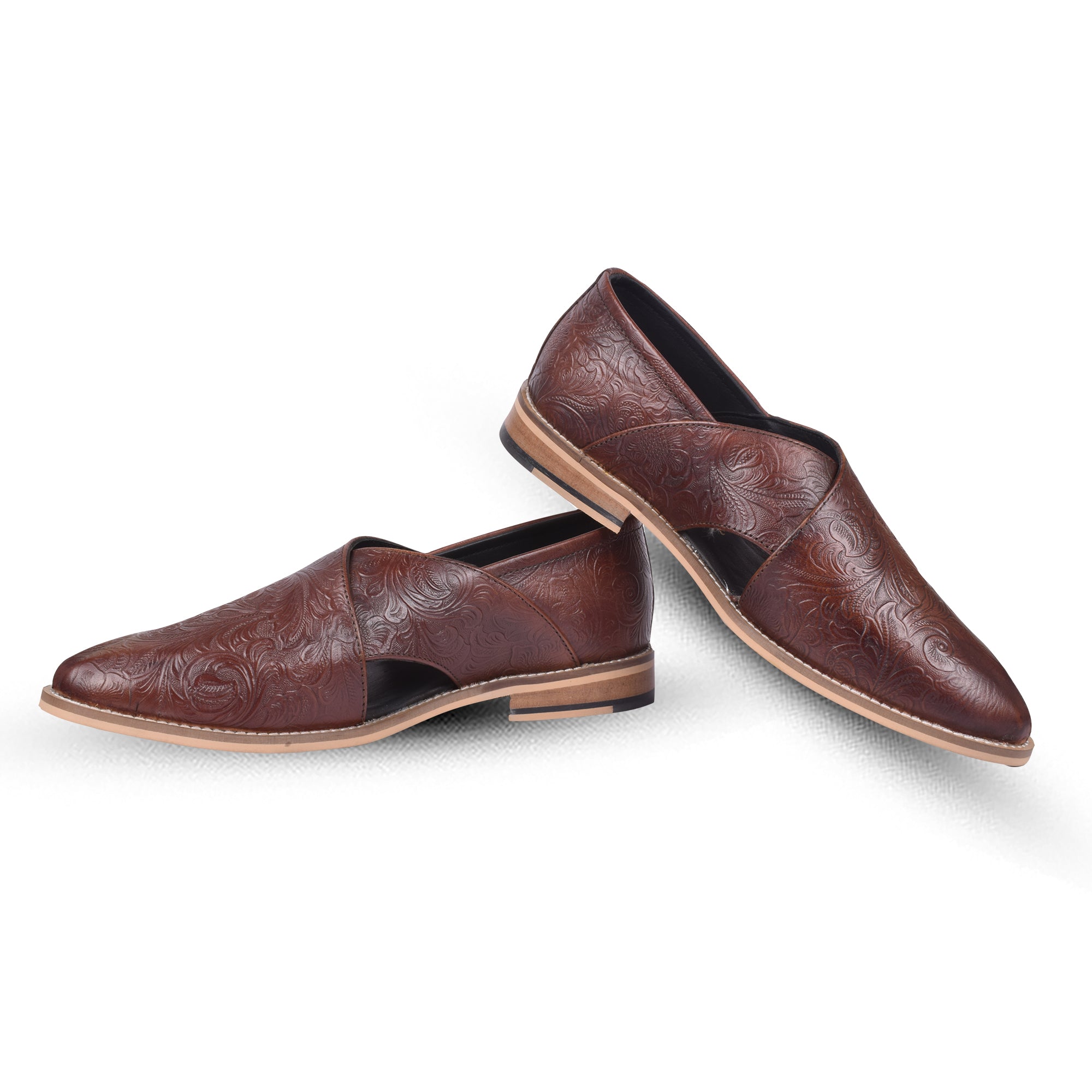 Peshawari : Brown flora embossed leather handmade Peshawari with Memory foam footpad. Article : P01_Flora_Brown