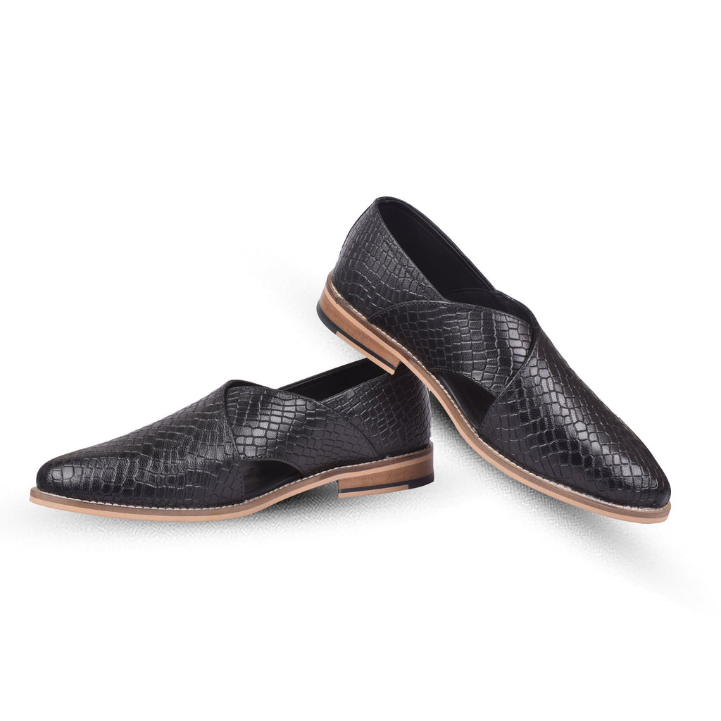 Peshawari : Black Alligator embossed leather handmade Peshawari with Memory foam footpad. Article : P01_Alligator_Black