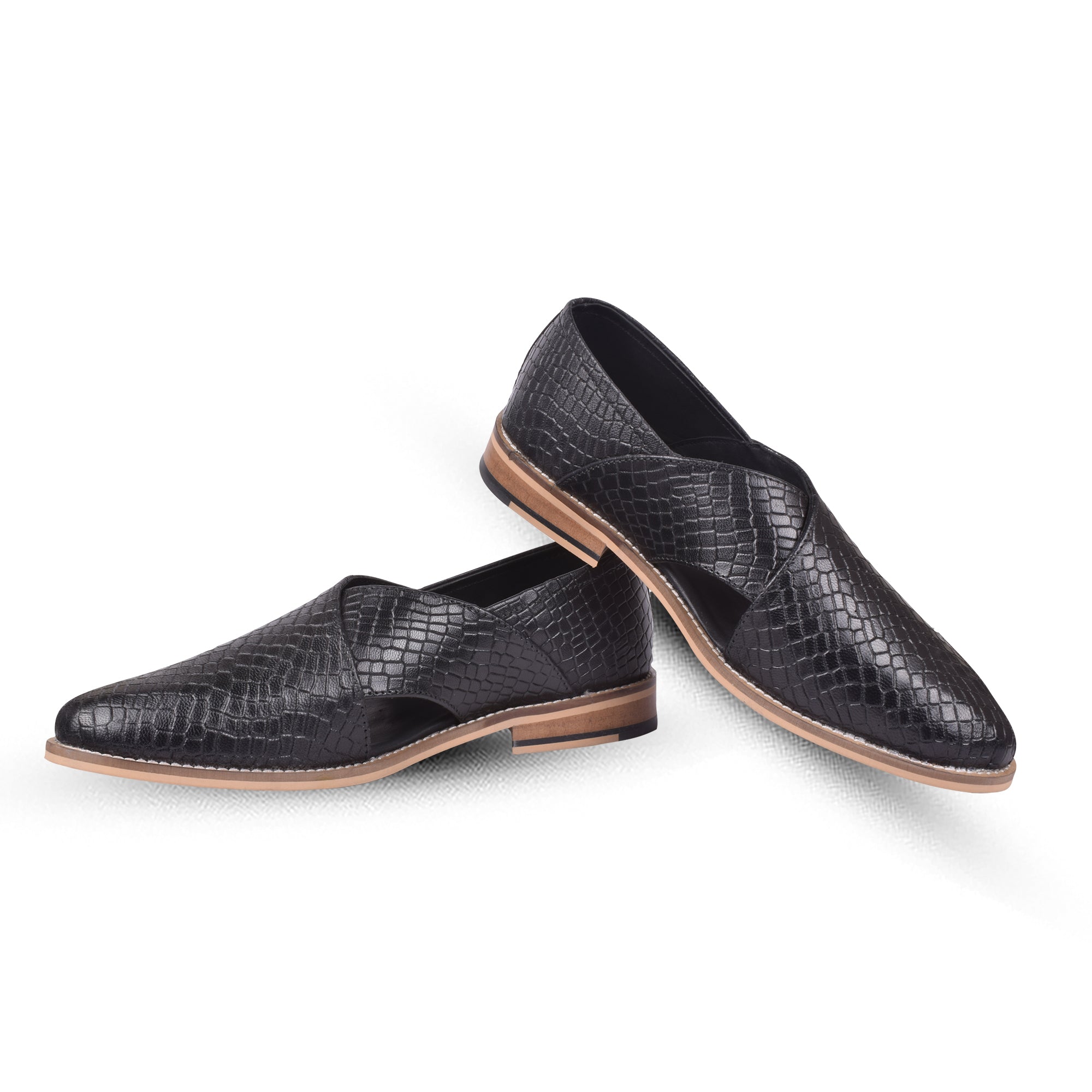 Peshawari : Black Alligator embossed leather handmade Peshawari with Memory foam footpad. Article : P01_Alligator_Black