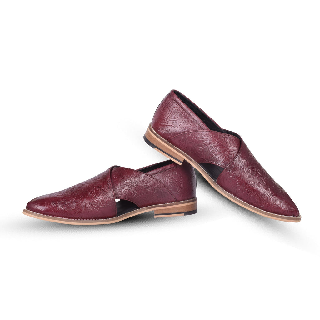 Peshawari : Wine flora embossed leather handmade Peshawari with Memory foam footpad. Article : P01_Flora_Wine