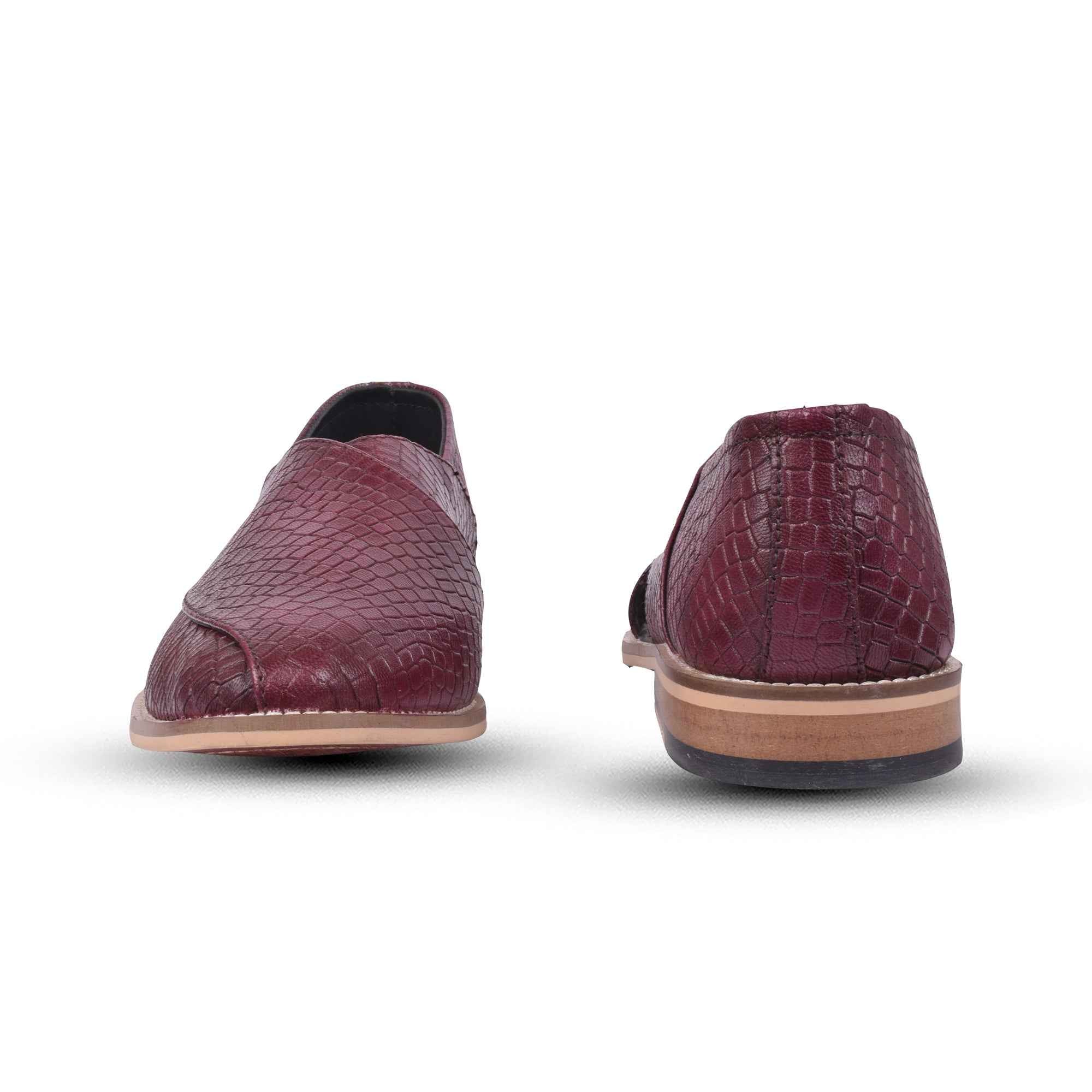 Peshawari : Alligator Wine embossed leather handmade Peshawari with Memory foam footpad. Article : P01_Alligator_Wine