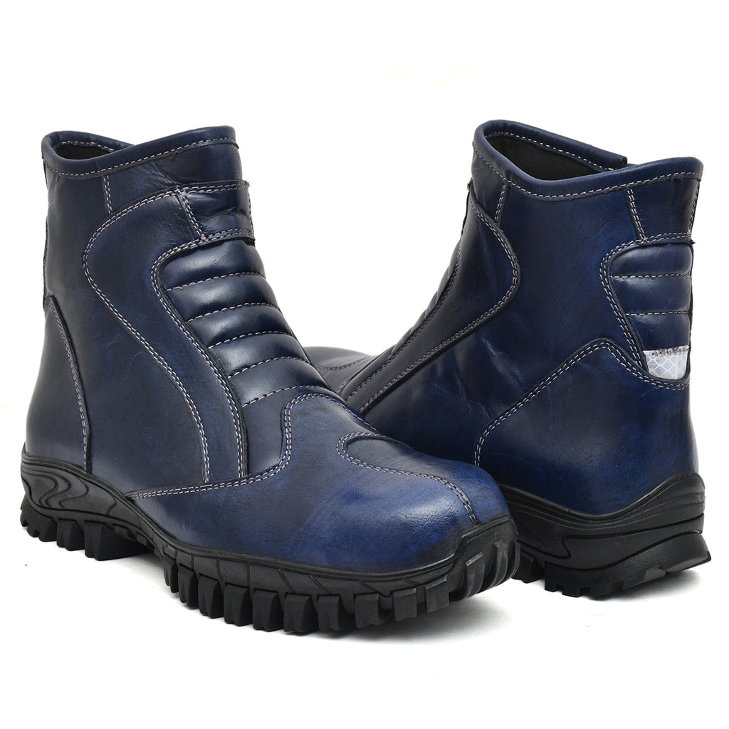 Biker Boots : Blue Rugged leather Rider boots for bikers with Steel toe.
