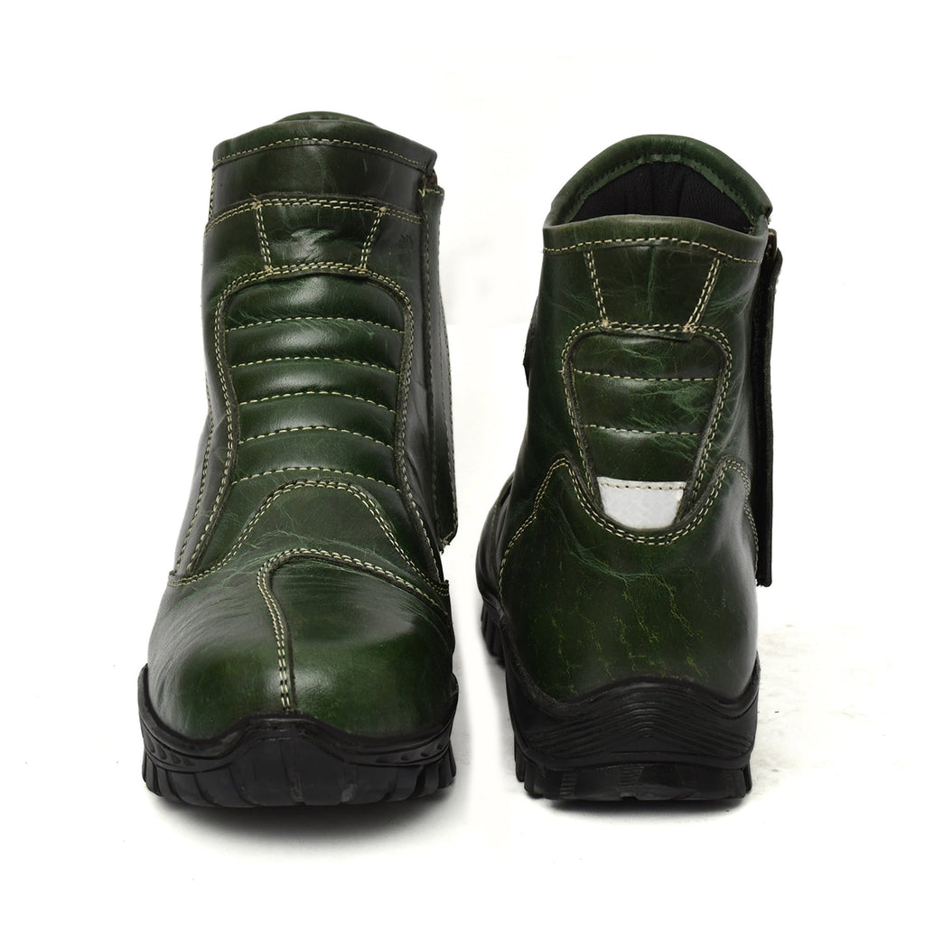 Biker Boots : Green leather Rider boots for bikers with Steel toe