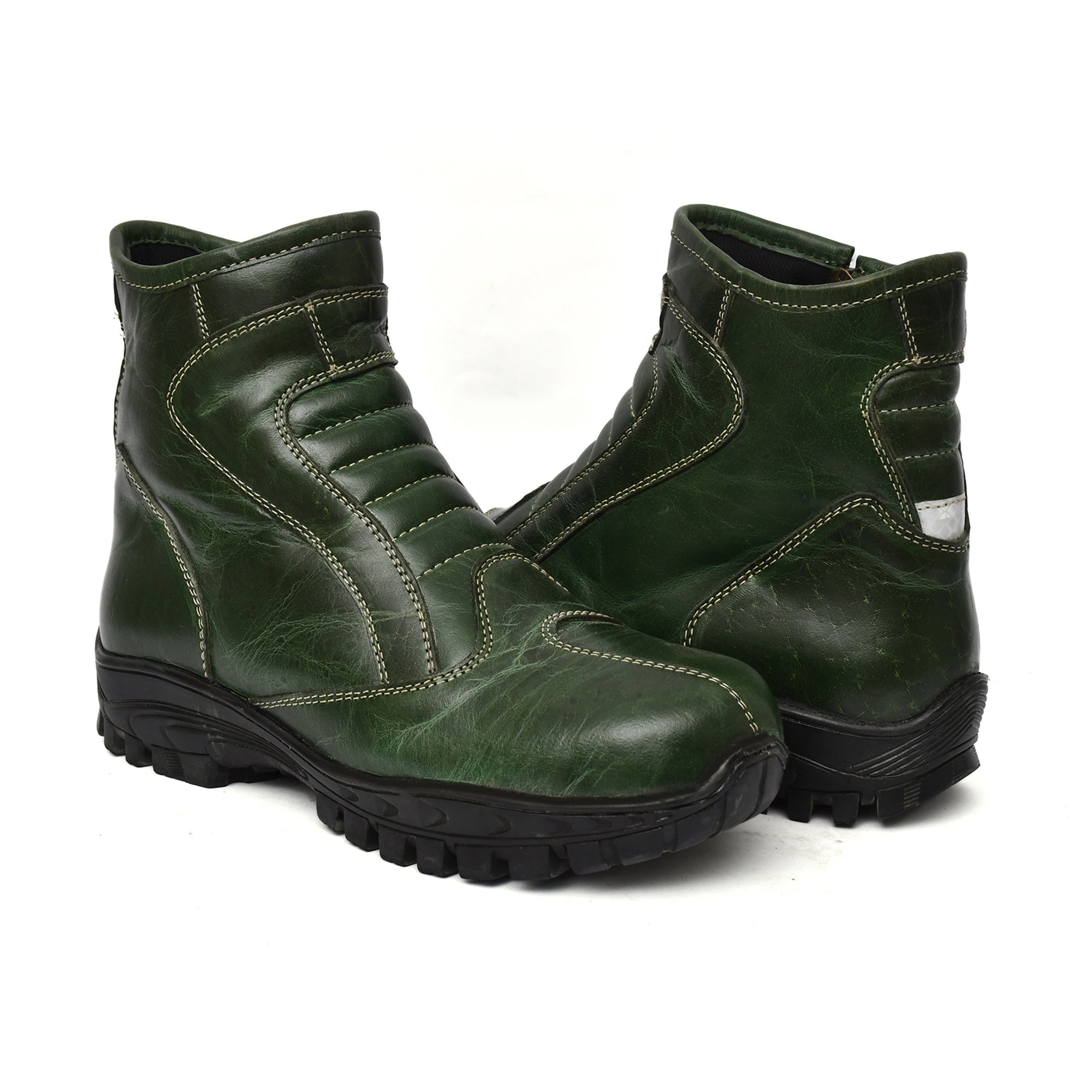 Biker Boots : Green leather Rider boots for bikers with Steel toe