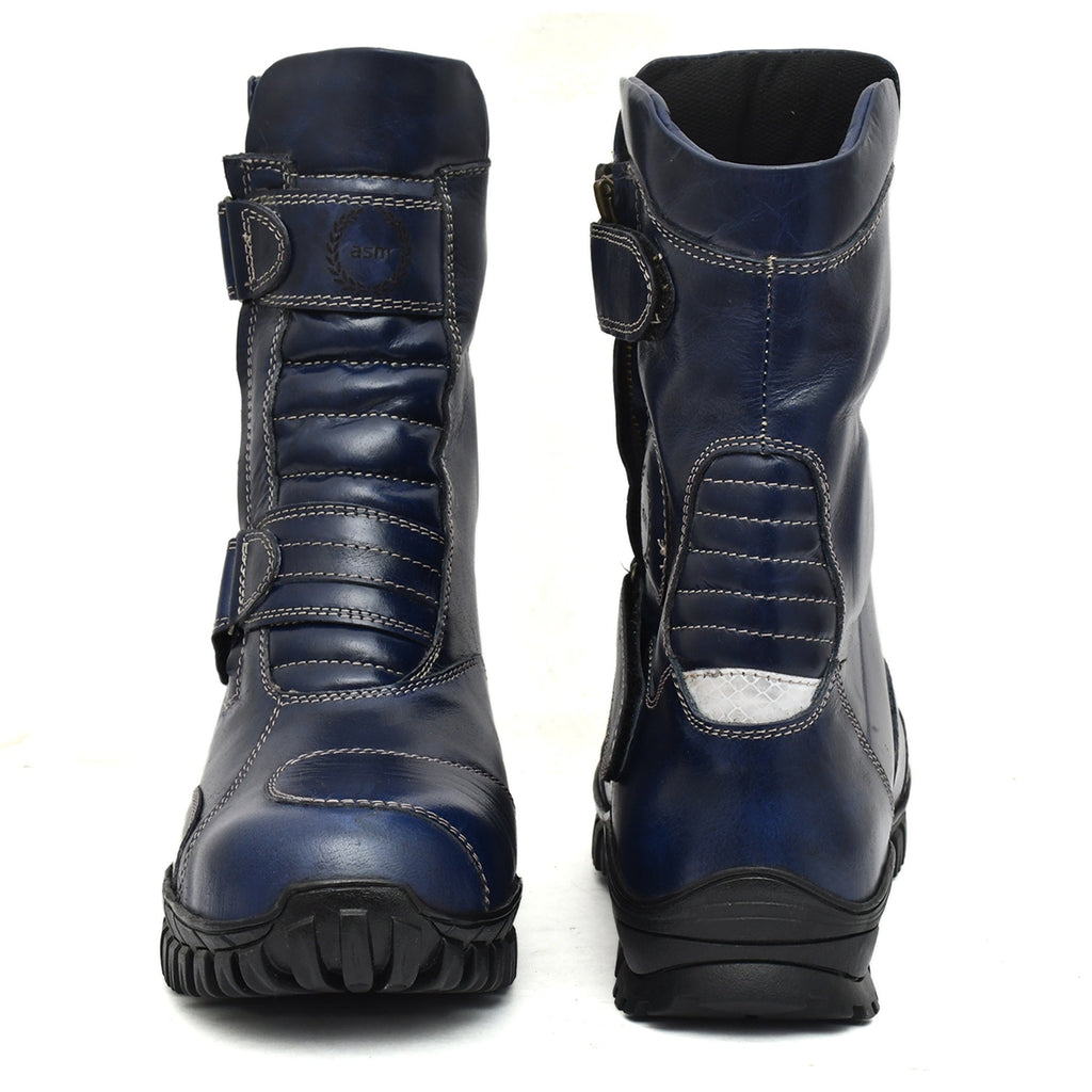 Biker Boots : Waterproof Blue Rugged leather Rider boots for bikers with Memory foam footpad.