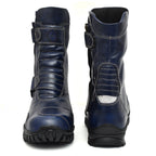 Biker Boots : Waterproof Blue Rugged leather Rider boots for bikers with Memory foam footpad.