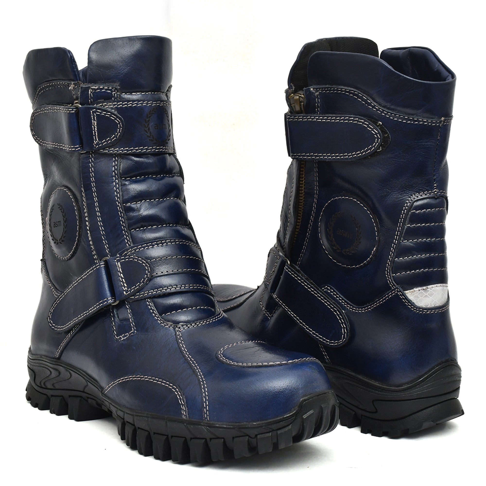 Biker Boots : Waterproof Blue Rugged leather Rider boots for bikers with Memory foam footpad.
