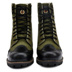 Biker Boots : Green & Black leather Rider boots for bikers with Memory foam footpad.