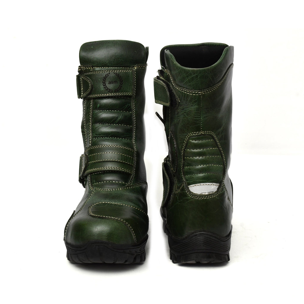 Biker Boots : Waterproof Green Rugged leather Rider boots for bikers with Memory foam footpad.