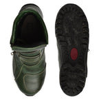 Biker Boots : Waterproof Green Rugged leather Rider boots for bikers with Memory foam footpad.