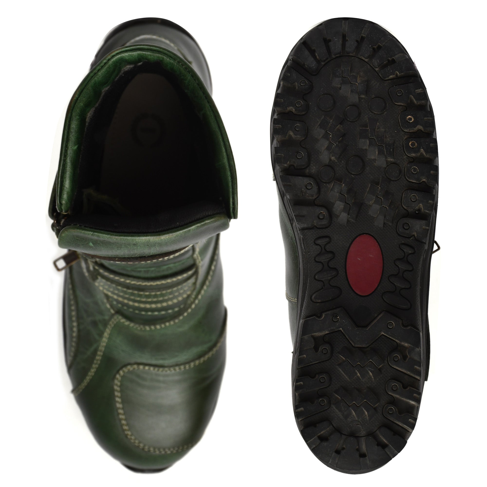 Biker Boots : Waterproof Green Rugged leather Rider boots for bikers with Memory foam footpad.