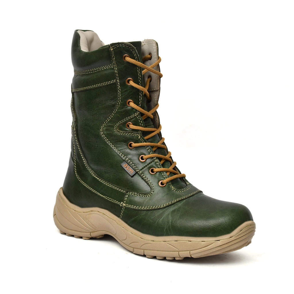 Biker Boots : Green leather Rider boots for bikers with Steel toe