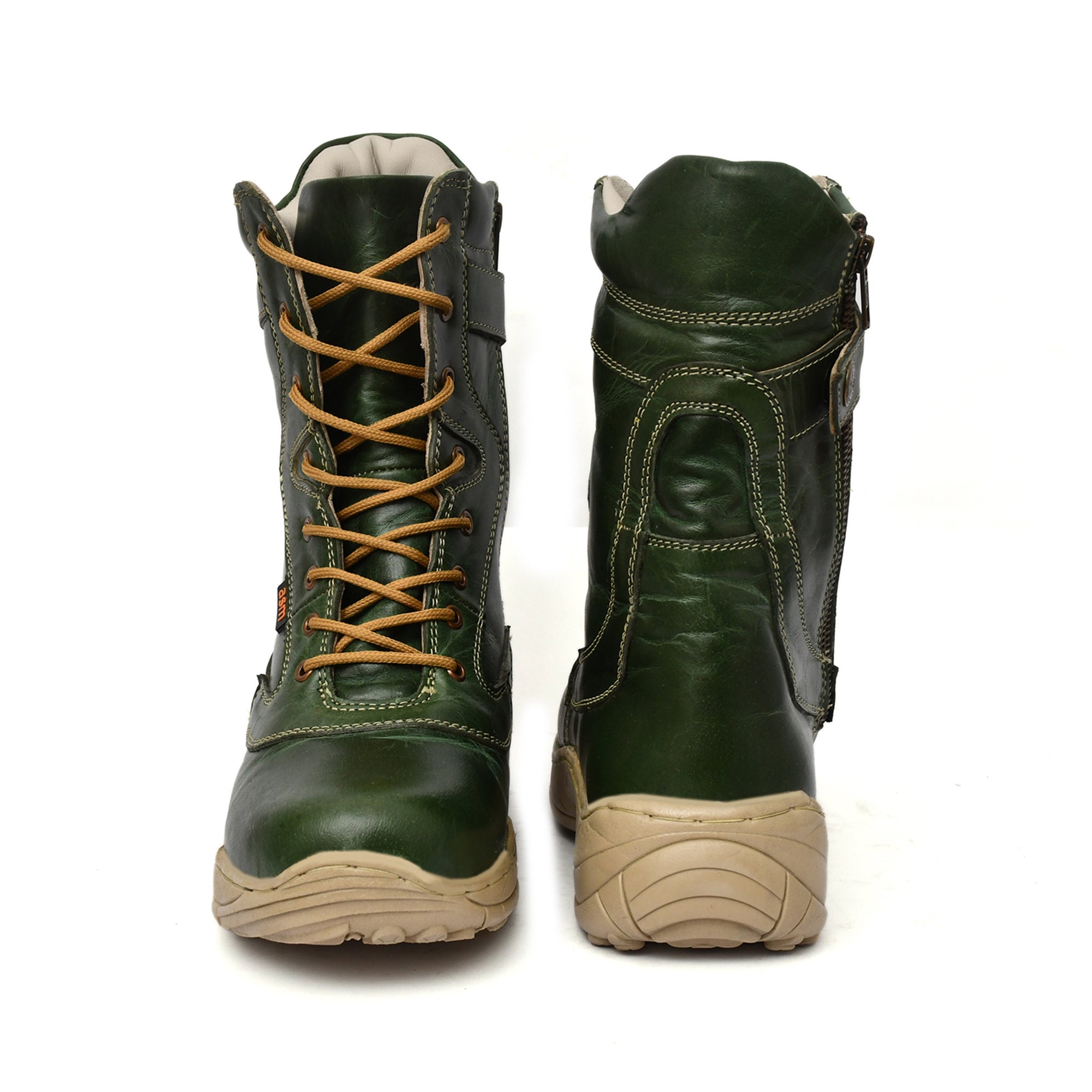 Biker Boots : Green leather Rider boots for bikers with Steel toe