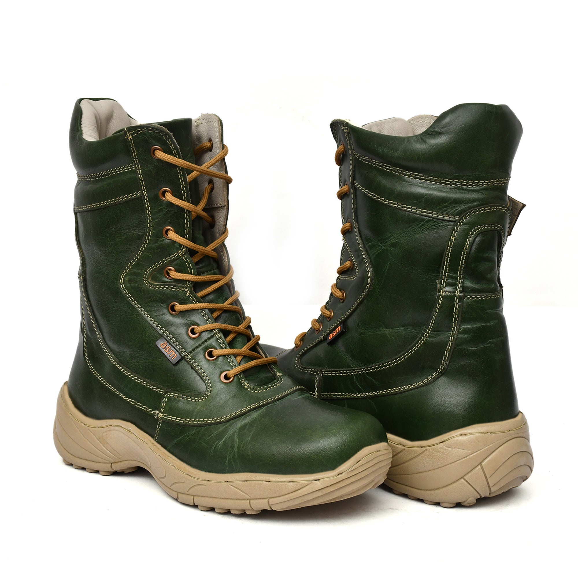 Biker Boots : Green leather Rider boots for bikers with Steel toe