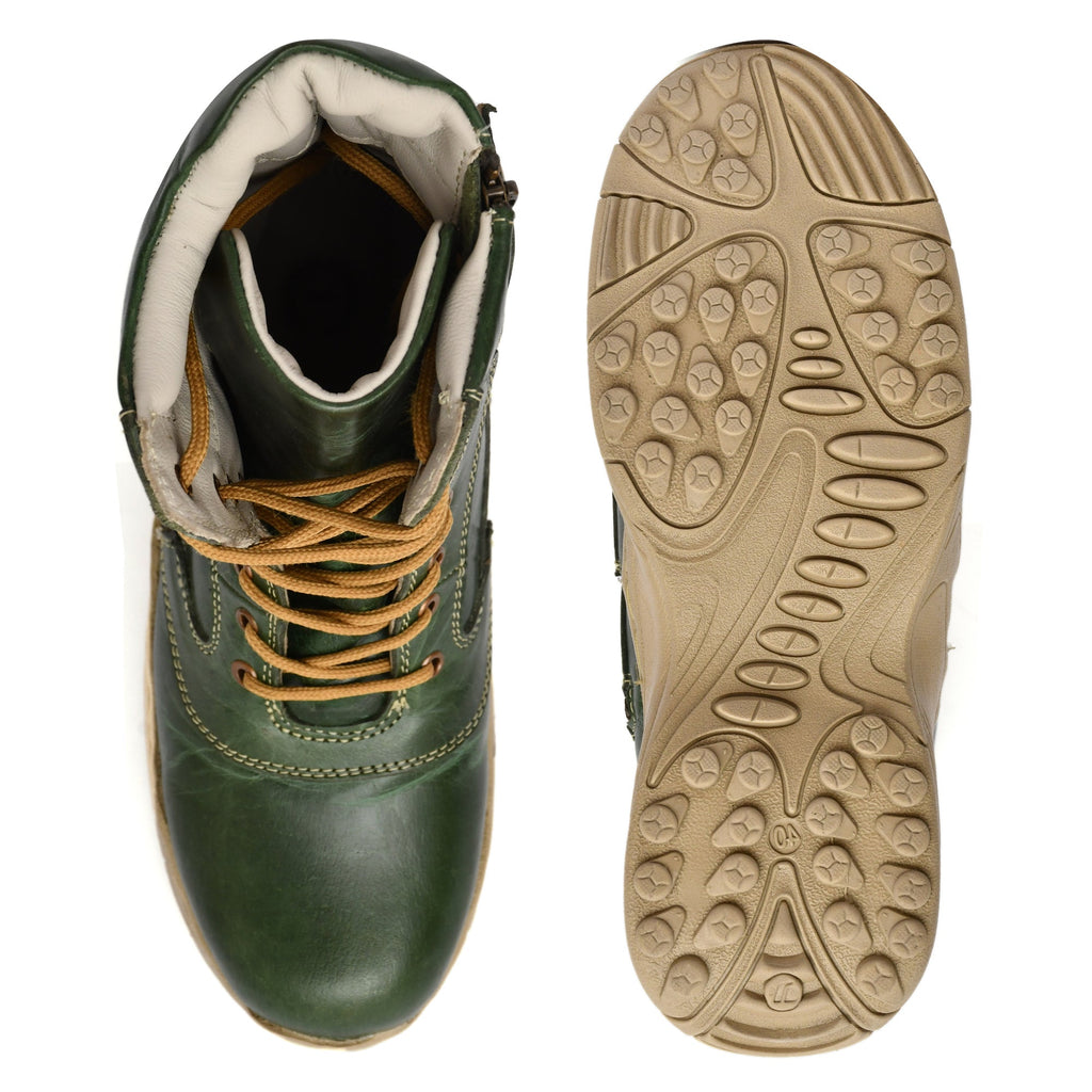 Biker Boots : Green leather Rider boots for bikers with Steel toe