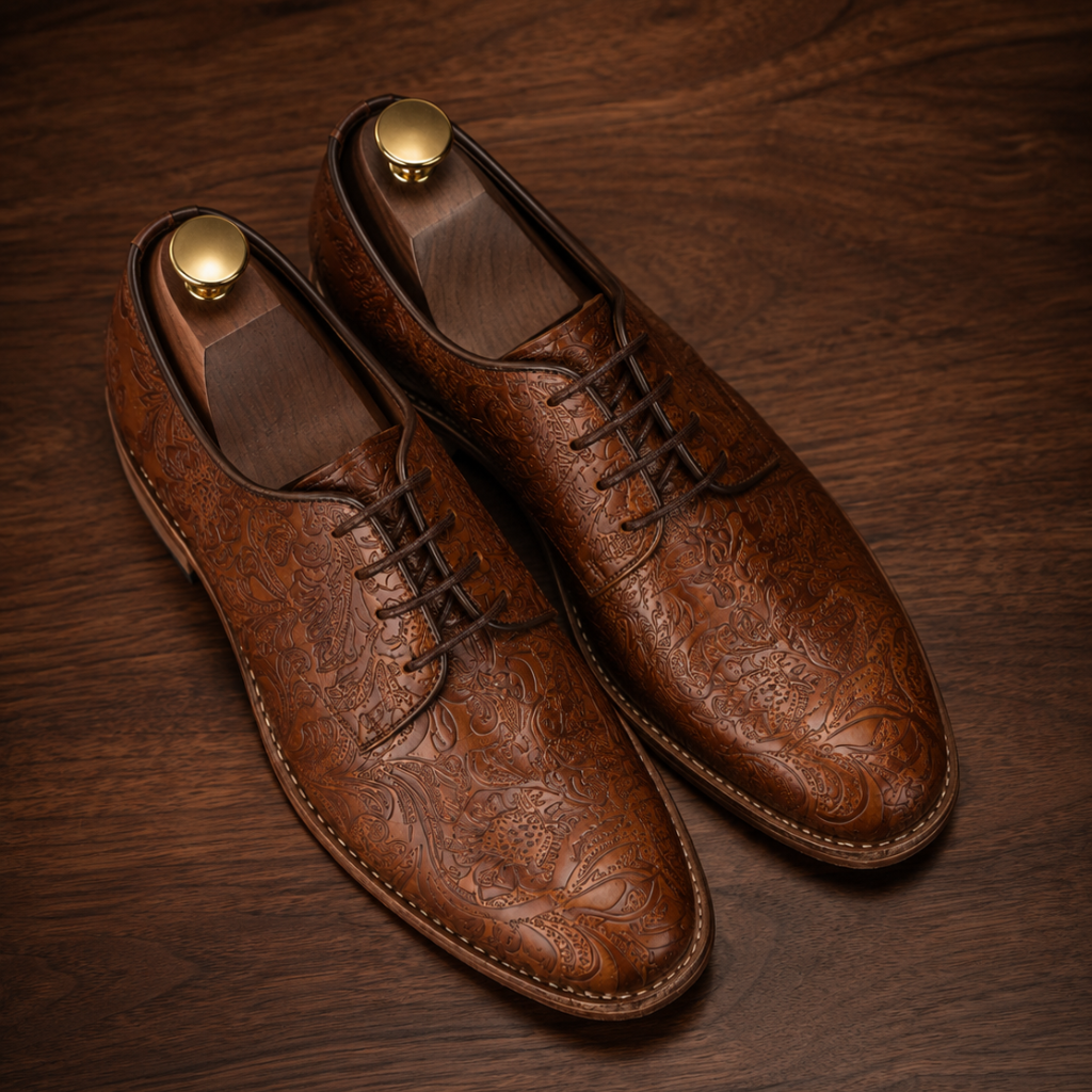 Goodyear Welted Derby Shoes by Amisar :  Tan flor-a leather with Memory foam footpad. HD201-c