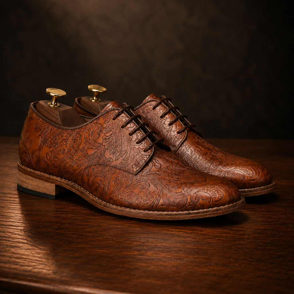 Goodyear Welted Derby Shoes by Amisar :  Tan flor-a leather with Memory foam footpad. HD201-c