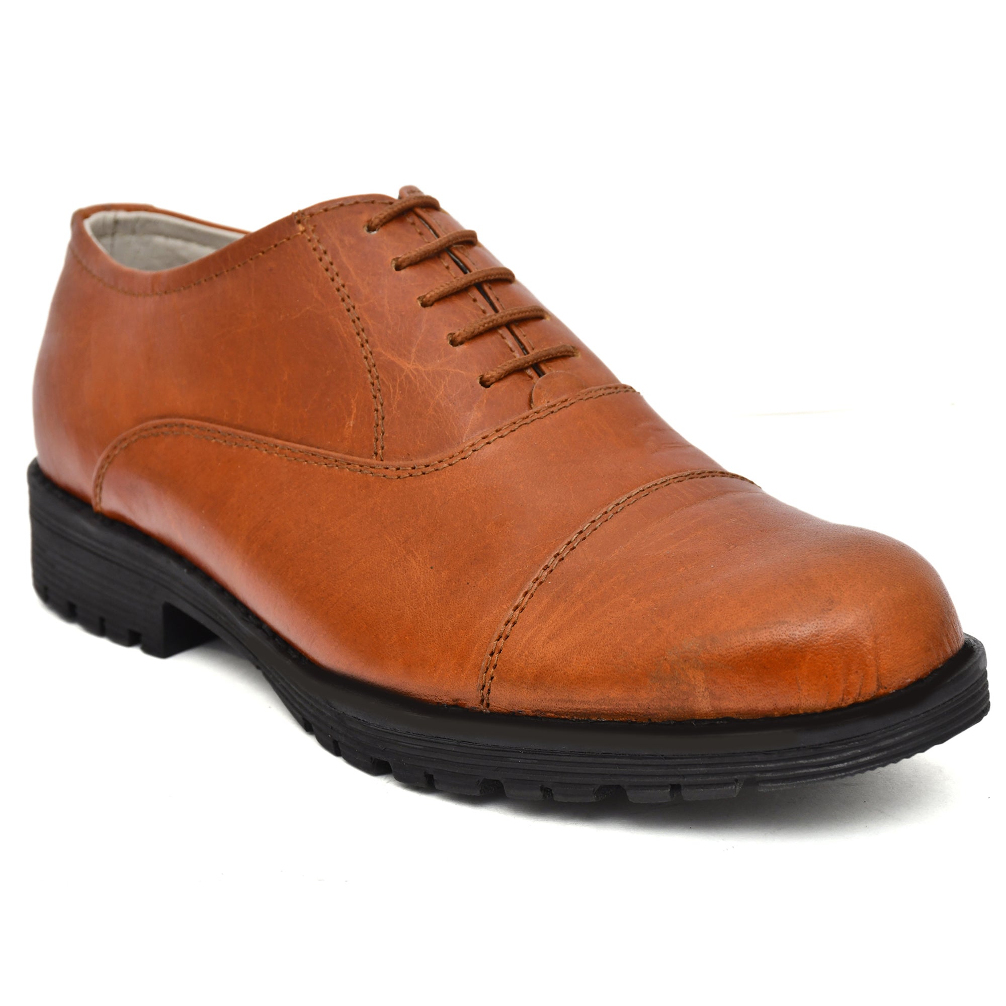 Safety Shoes : Industrial Safety Oxford Tan Rugged leather Shoes with Steel Toe & Memory foam footpad. Article : S110-Tan