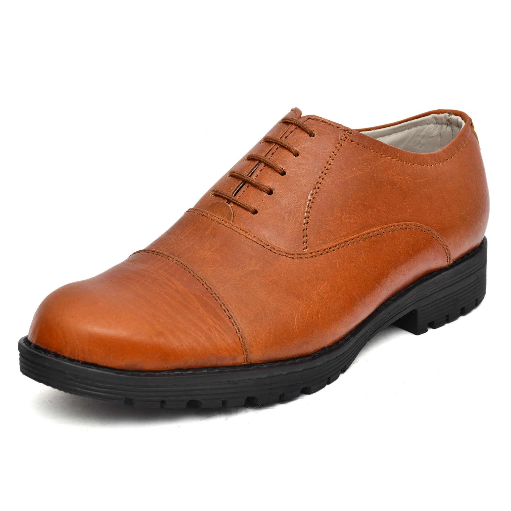 Safety Shoes : Industrial Safety Oxford Tan Rugged leather Shoes with Steel Toe & Memory foam footpad. Article : S110-Tan