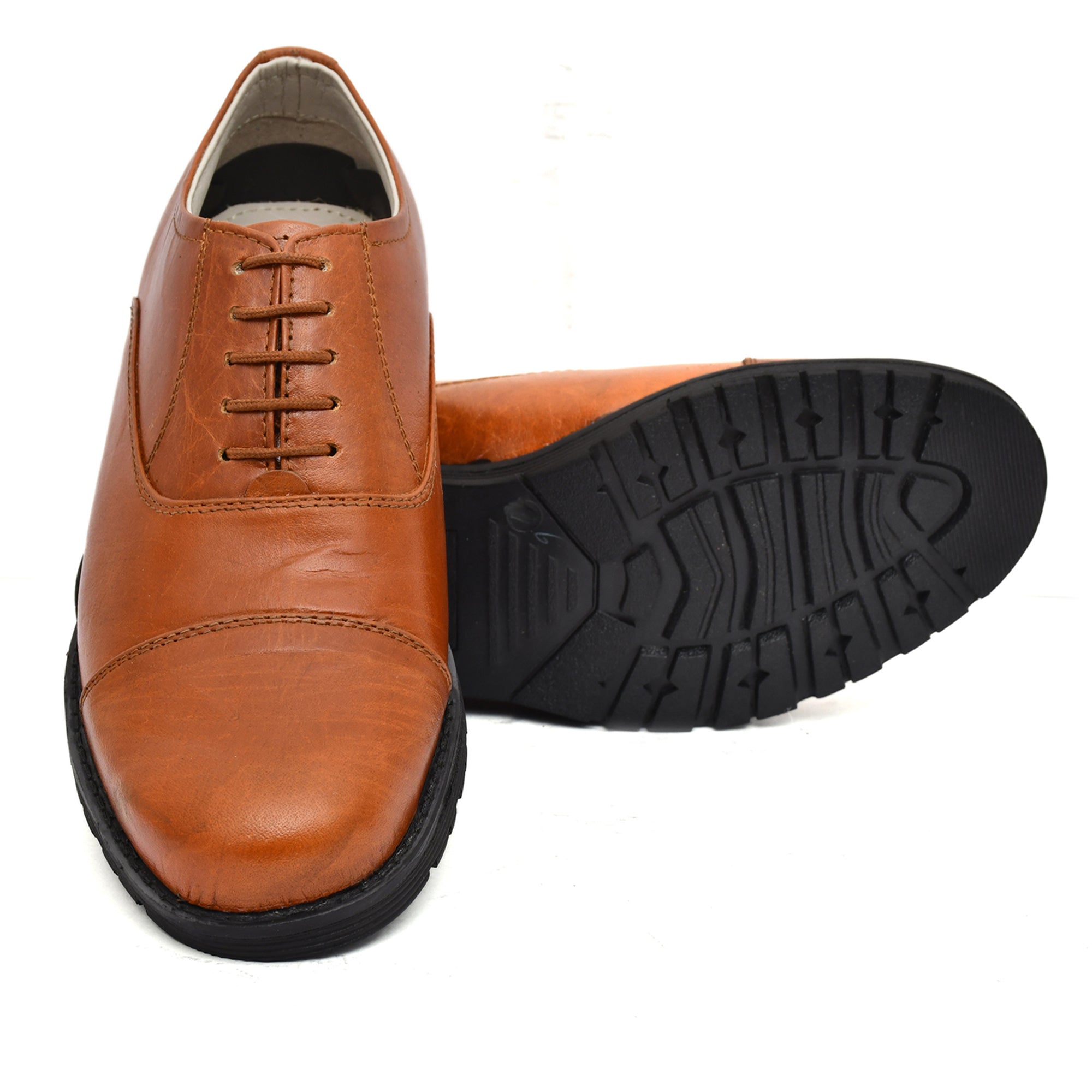 Safety Shoes : Industrial Safety Oxford Tan Rugged leather Shoes with Steel Toe & Memory foam footpad. Article : S110-Tan